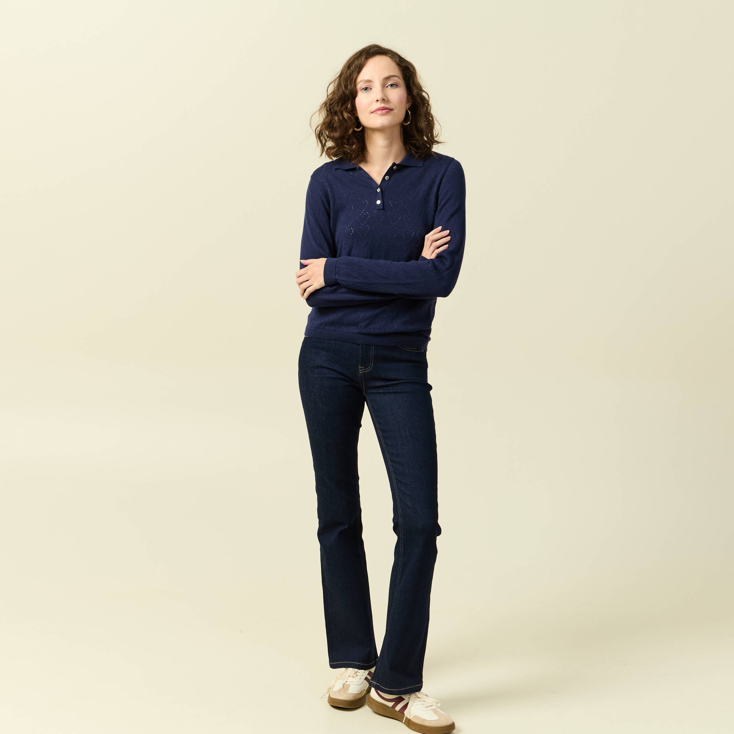 pull ajoure manches longues en coton bleu marine femme Pull ajouré manches longues en coton bleu marine femme