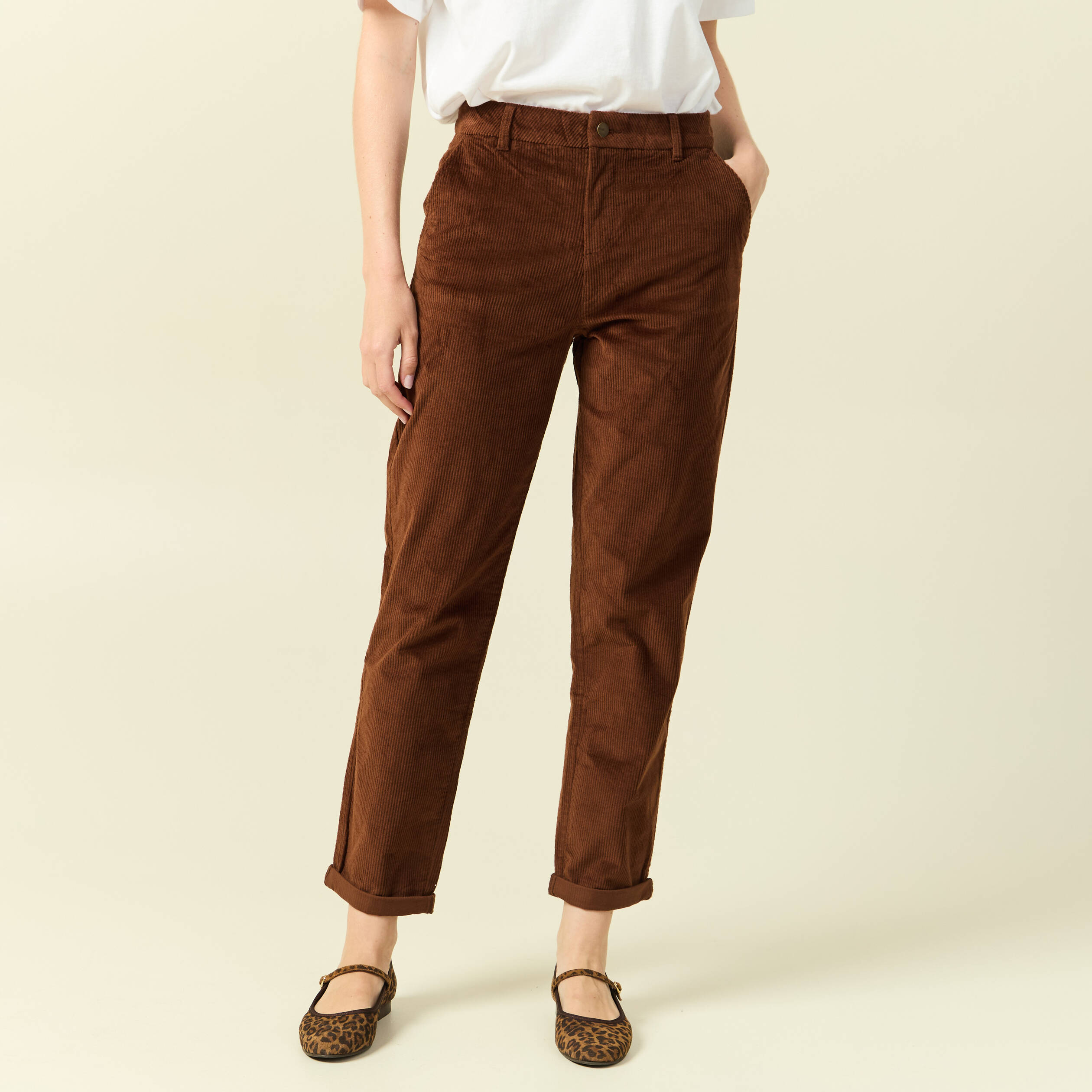 Pantalon large 7/8&egrave;me taille haute marron fonc&eacute; femme