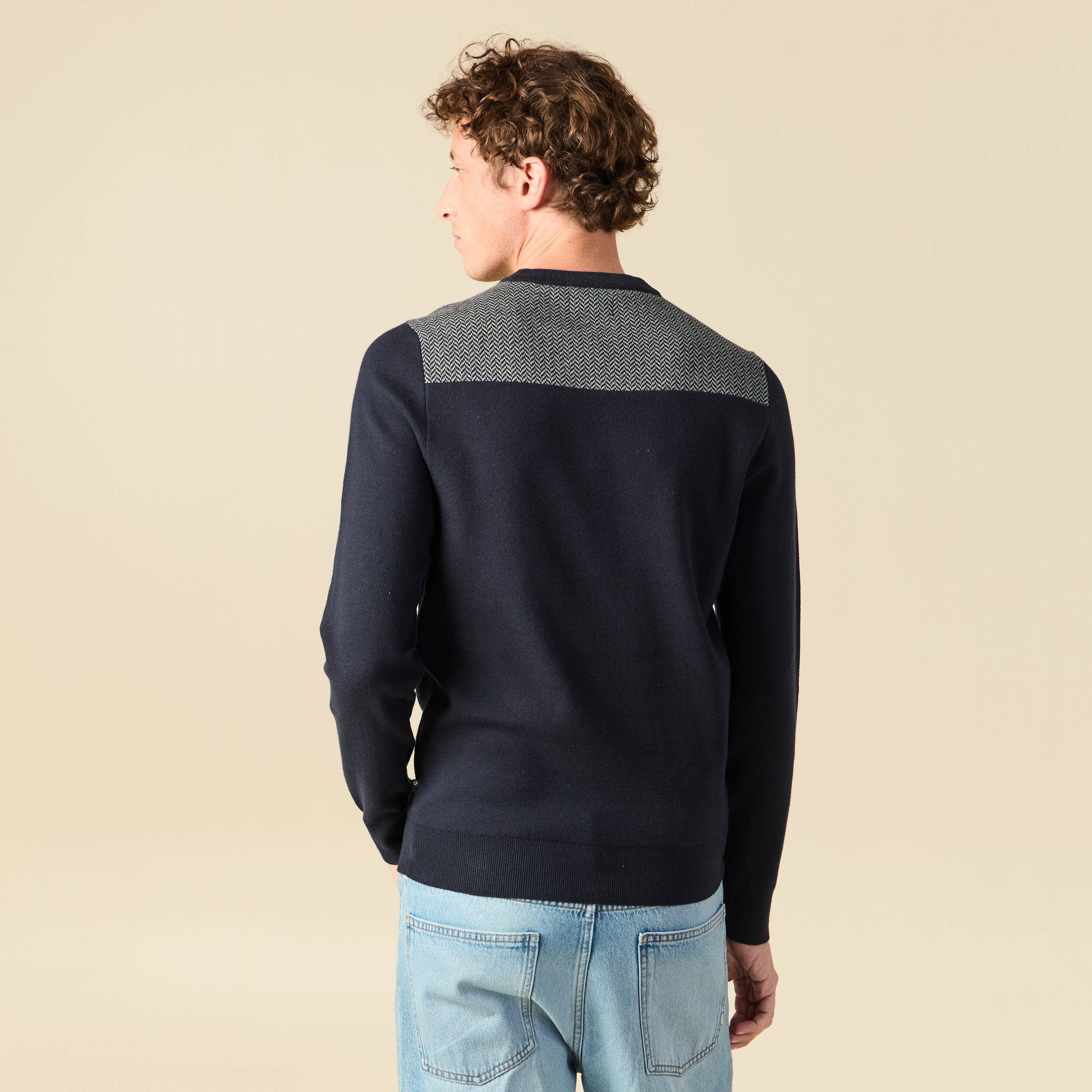 Pull fin col rond manches longues bleu marine homme