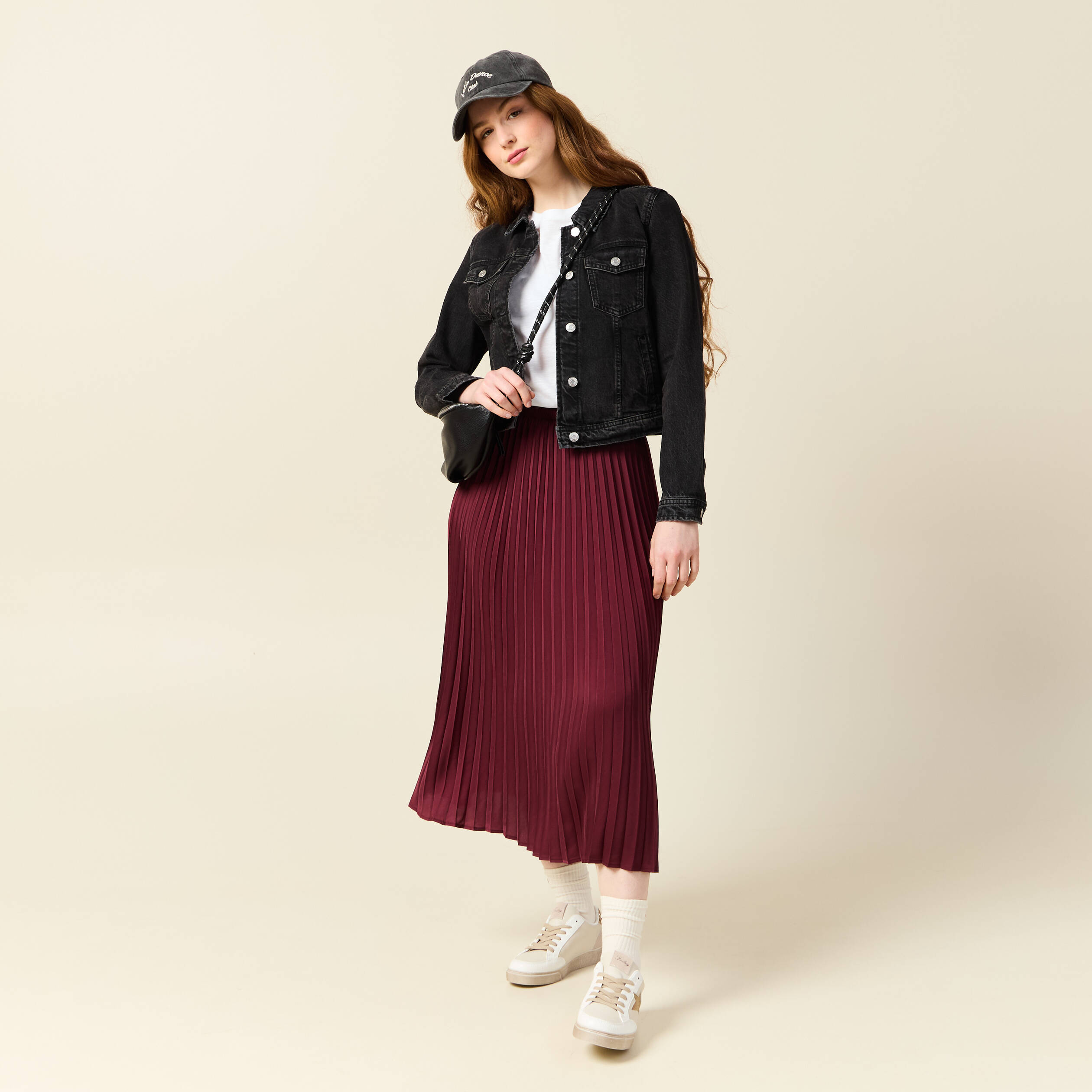 jupe longue droite plissee bordeaux femme Jupe longue droite plissée bordeaux femme