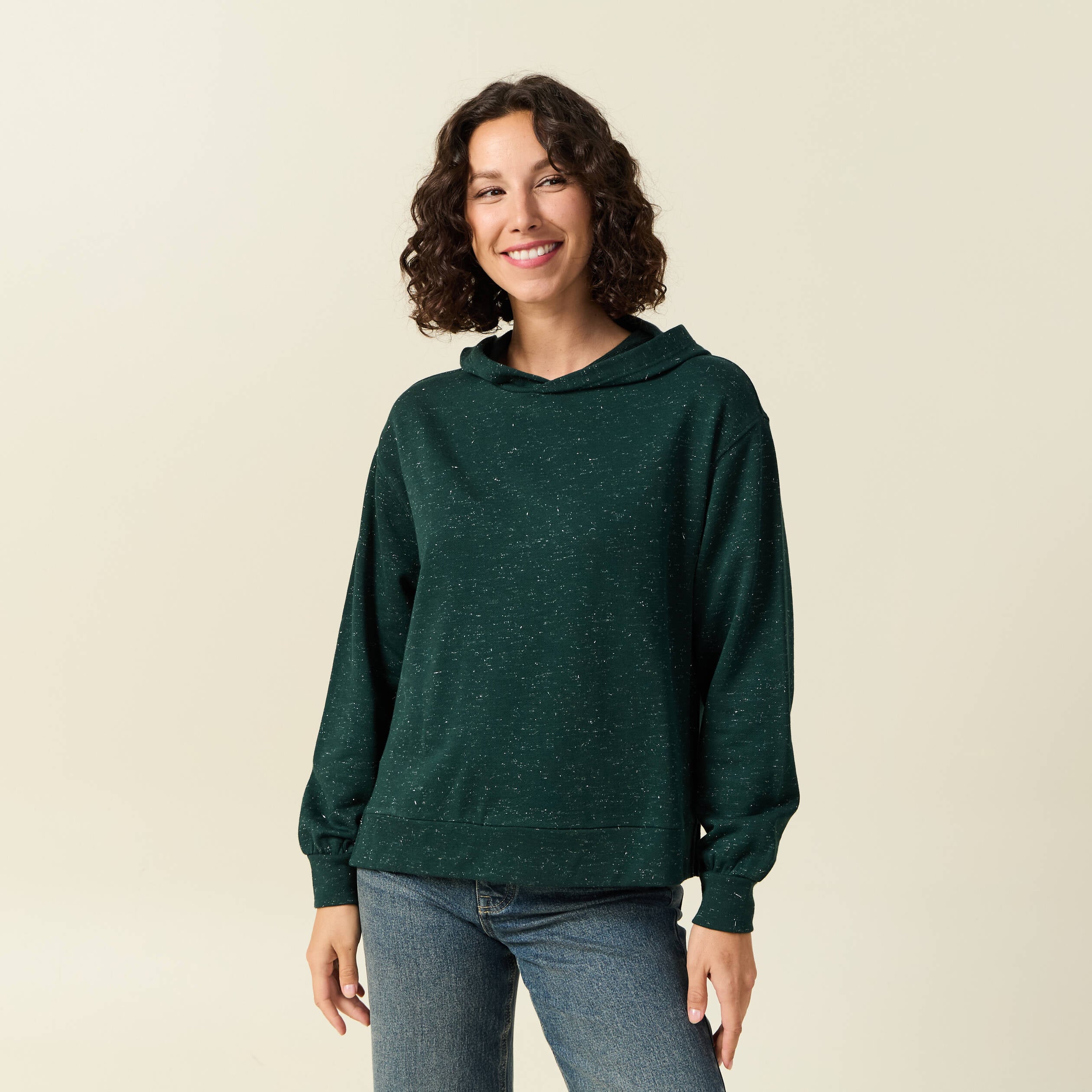 Sweat &agrave; capuche manches longues vert fonc&eacute; femme