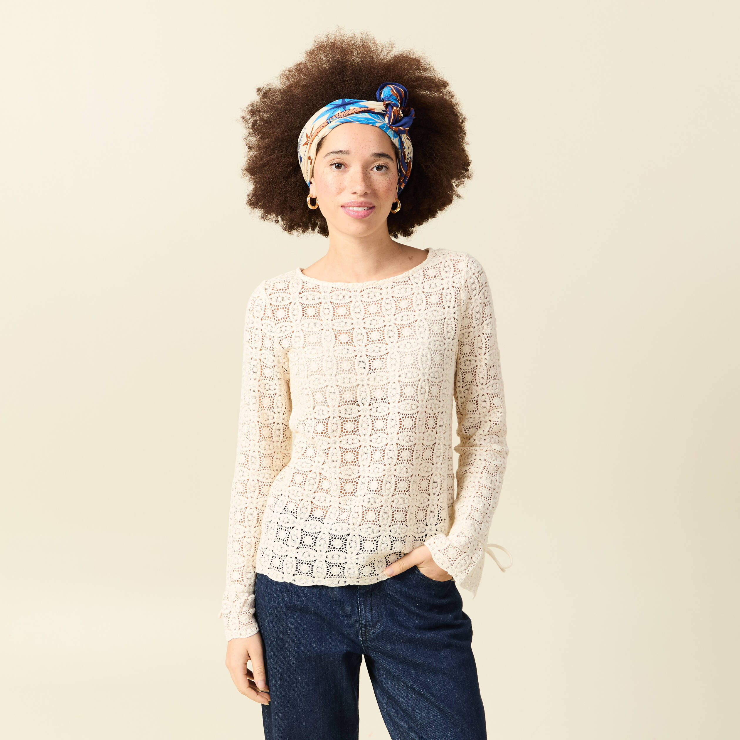 T-shirt manches longues en dentelle ecru femme