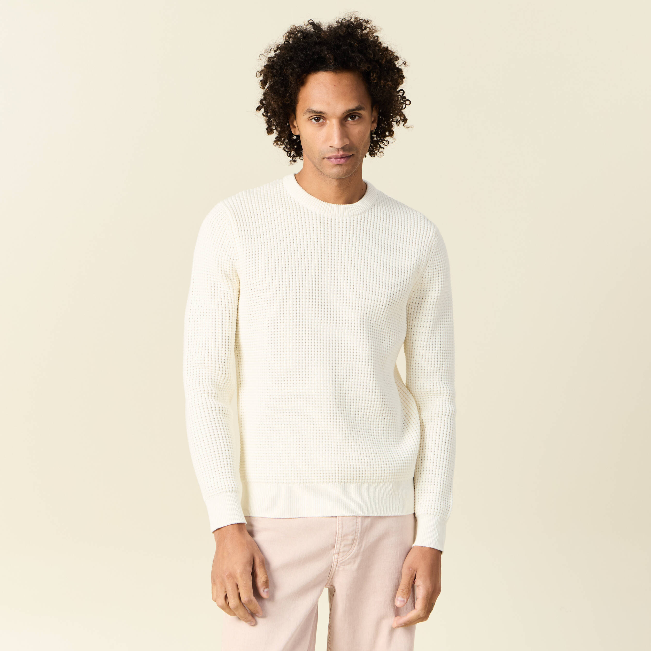 Pull manches longues col rond ecru homme