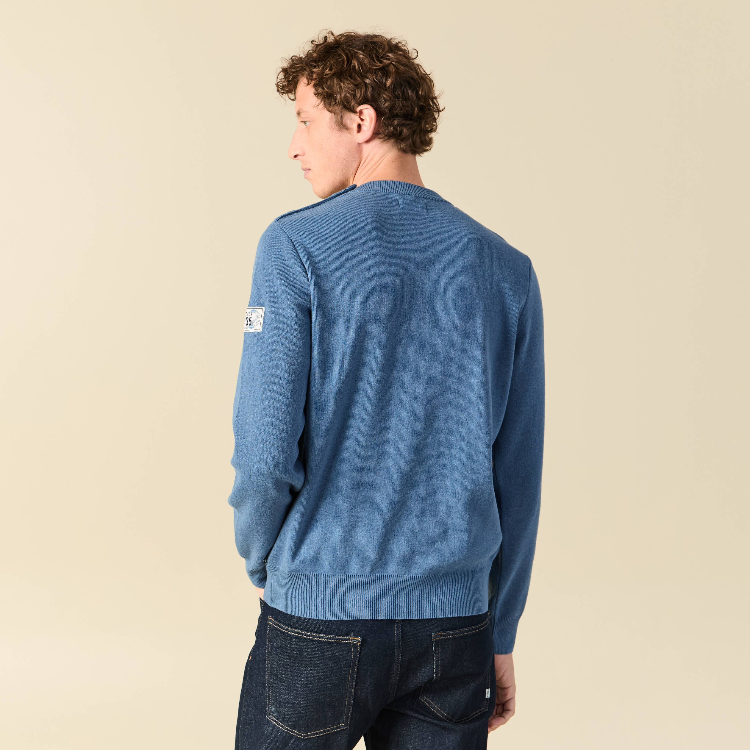 Pull fin col rond manches longues bleu fonc&eacute; homme