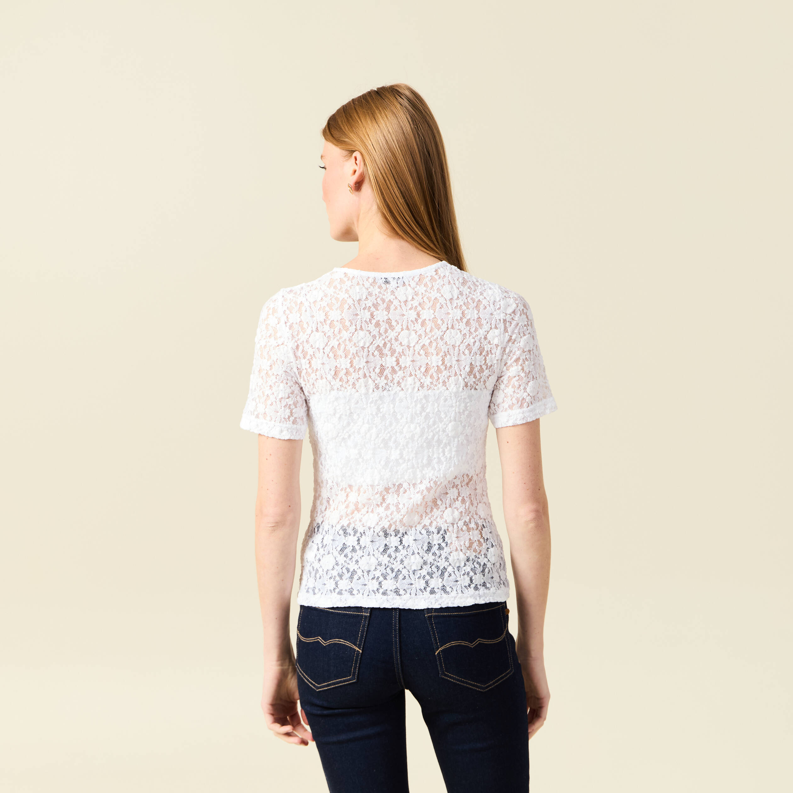t shirt cintre col rond dentelle blanc femme T-shirt cintré col rond dentelle blanc femme