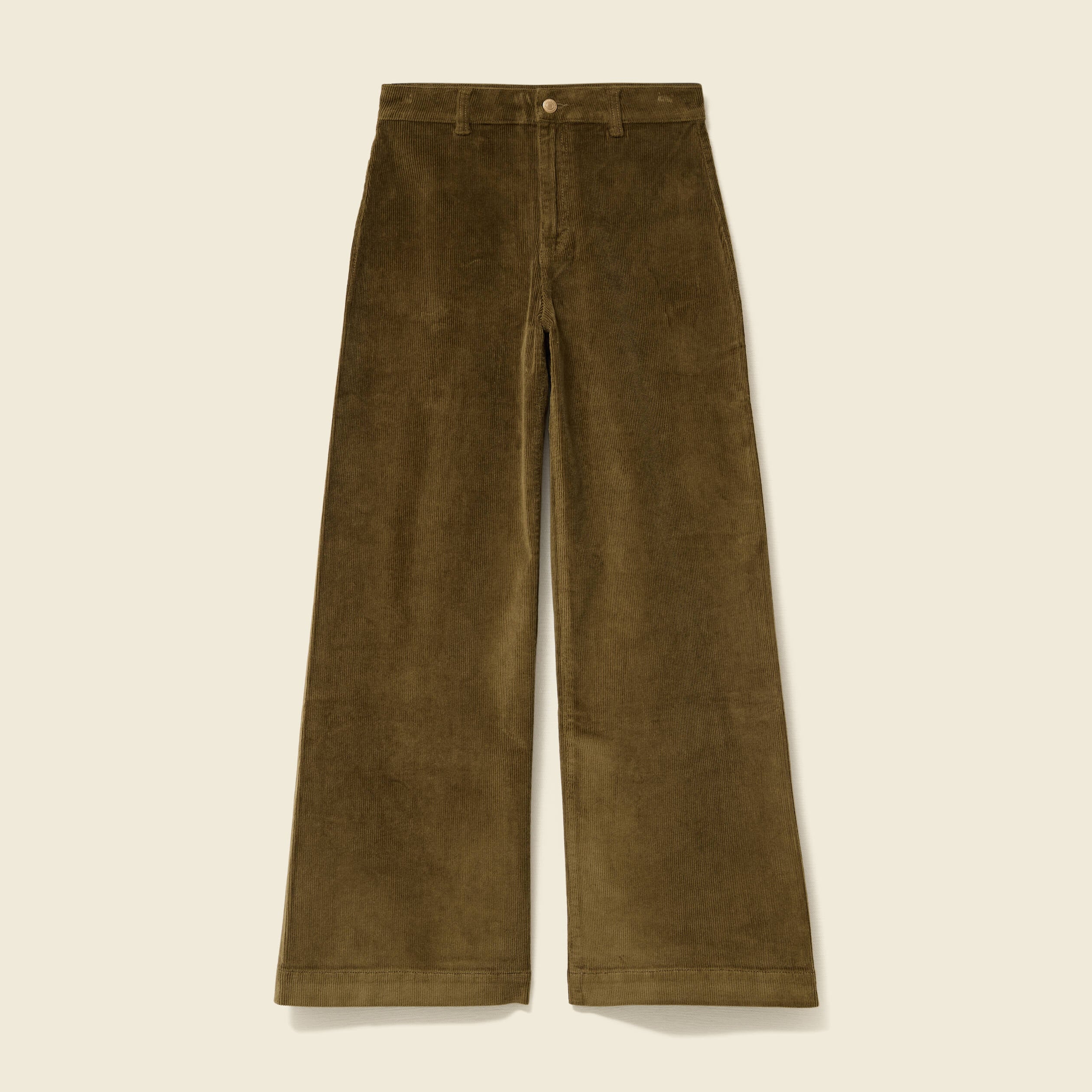 Pantalon large taille haute en velours vert kaki femme