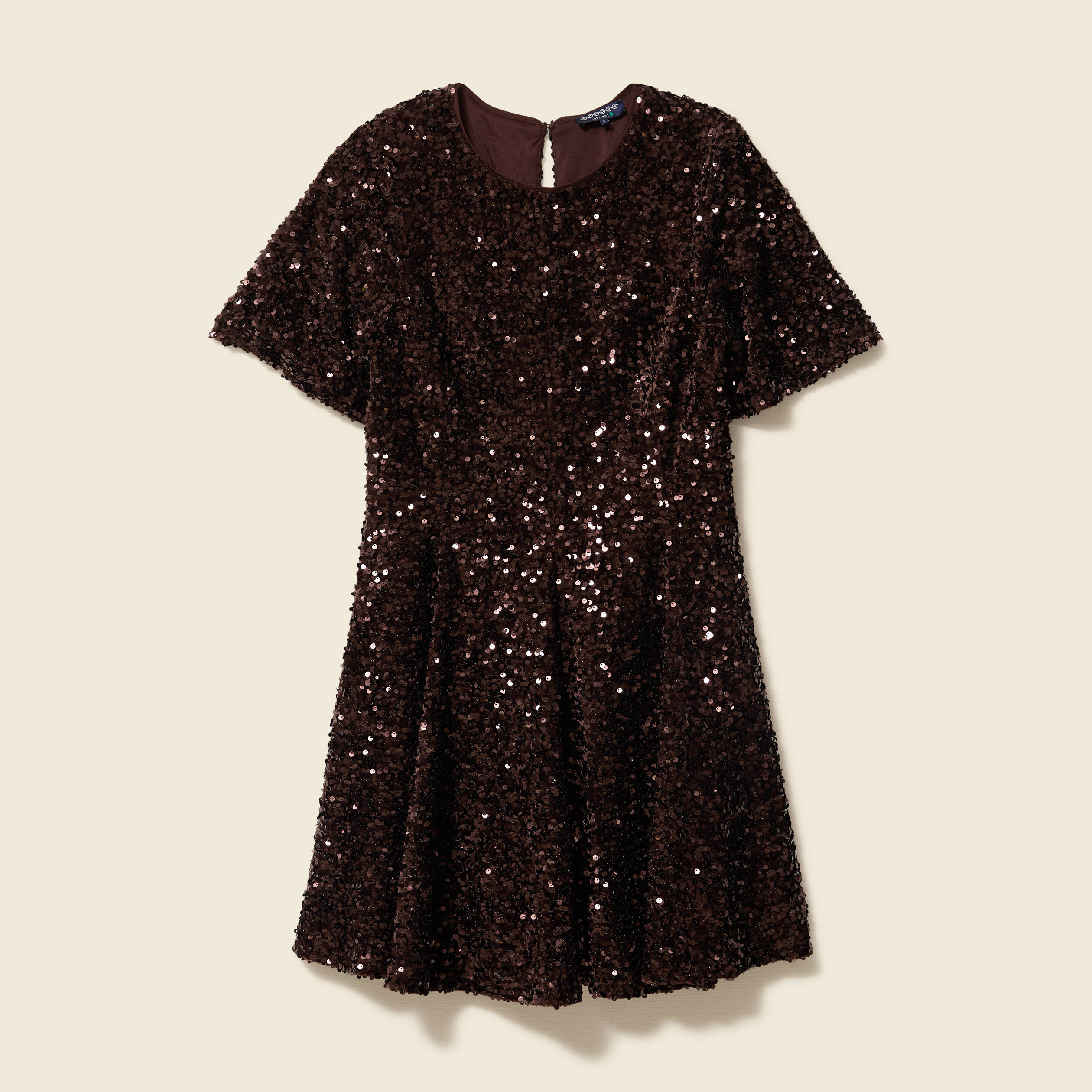 Robe manches courtes &agrave; sequins marron femme