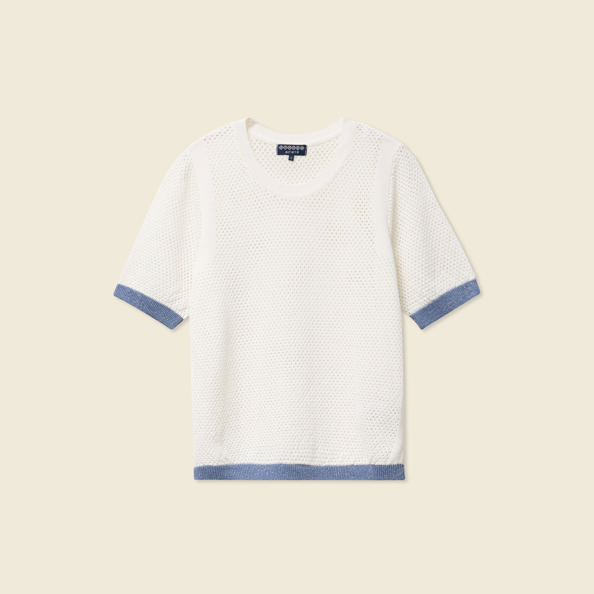 Pull manches courtes ajour&eacute; ecru femme