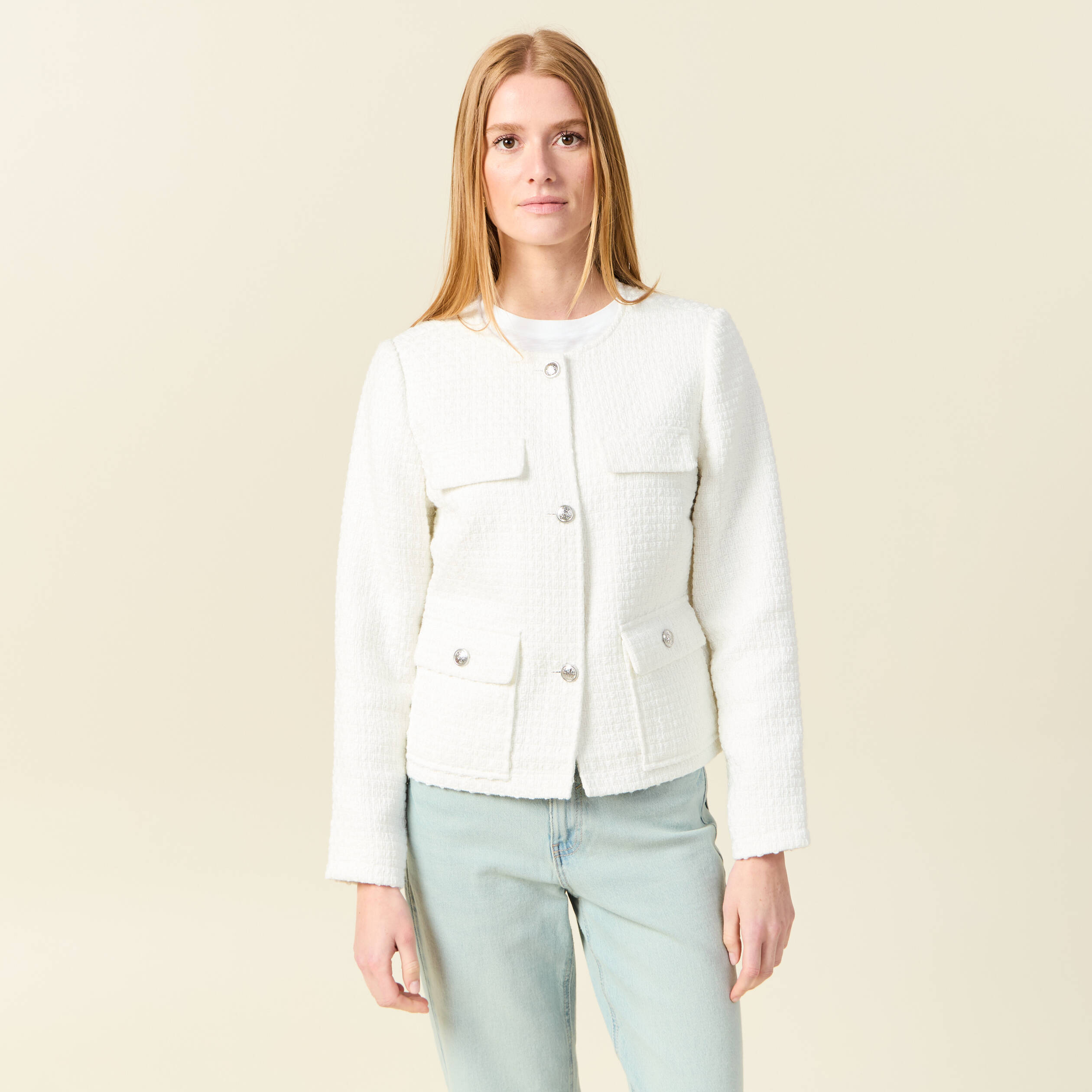 veste tweed manches longues doublee ecru femme Veste tweed manches longues doublée ecru femme