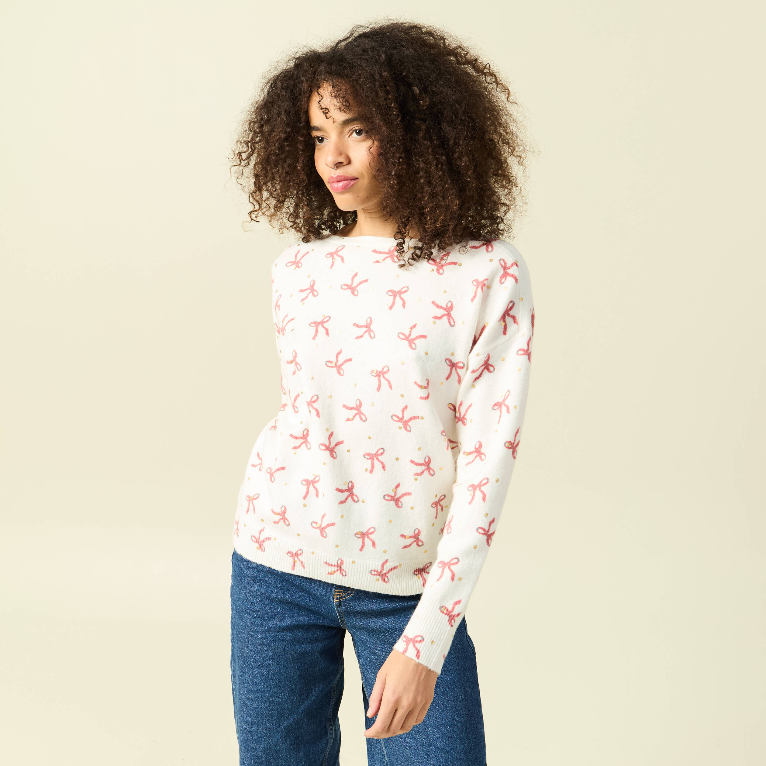 Pull de no&euml;l col bateau manches longues creme femme