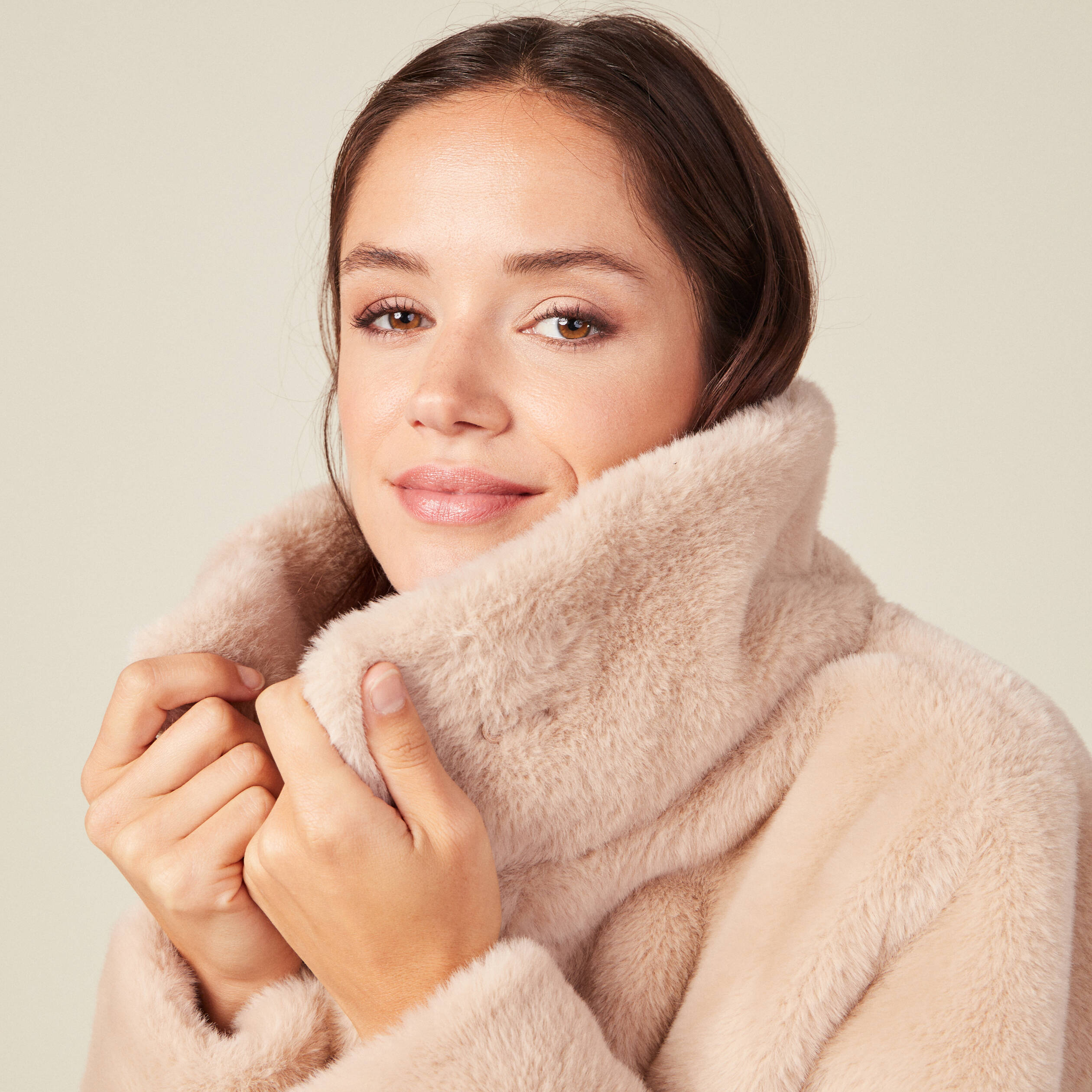 Manteau droit fausse fourrure beige femme Bonobo