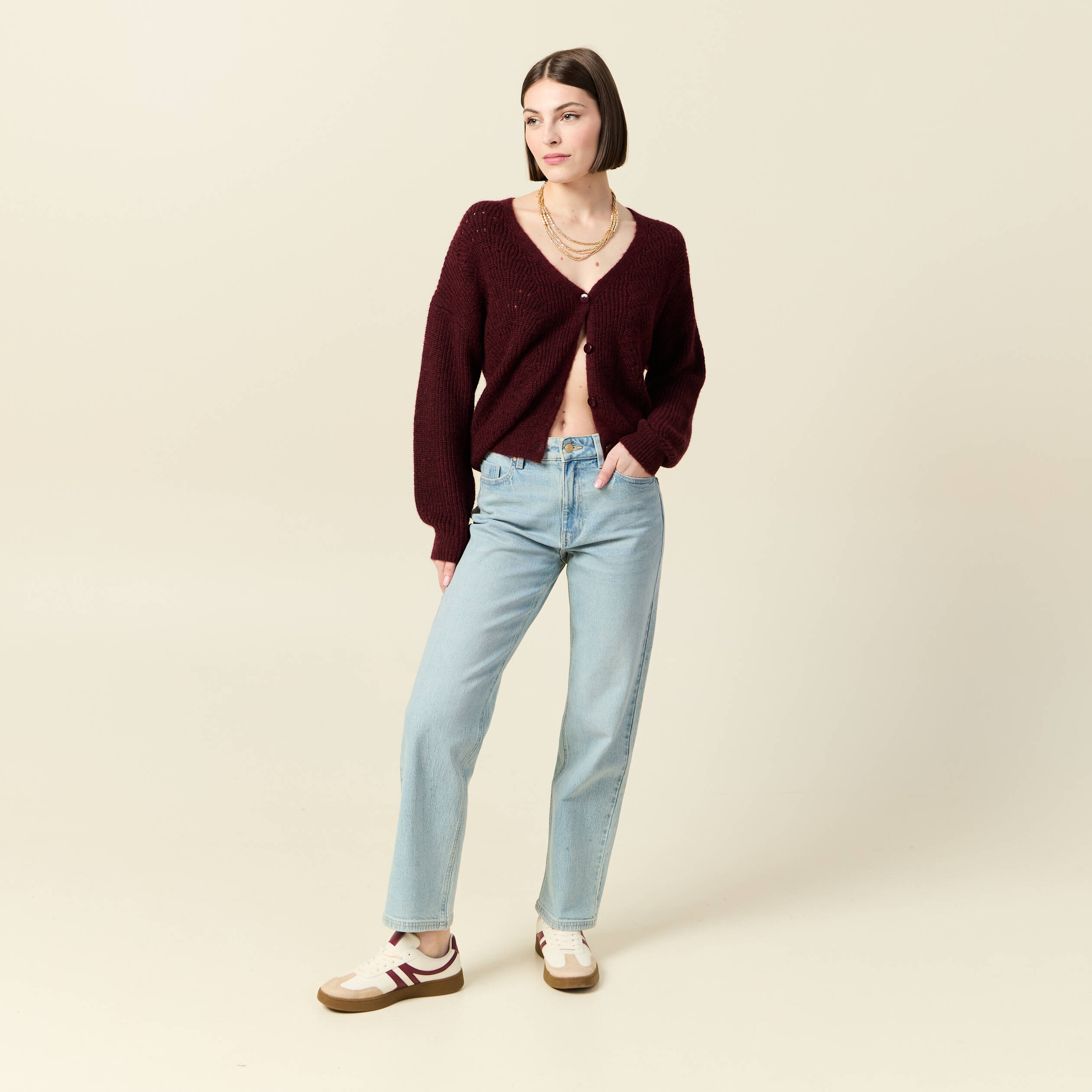 gilet ajoure col v manches longues bordeaux femme Gilet ajouré col V manches longues bordeaux femme
