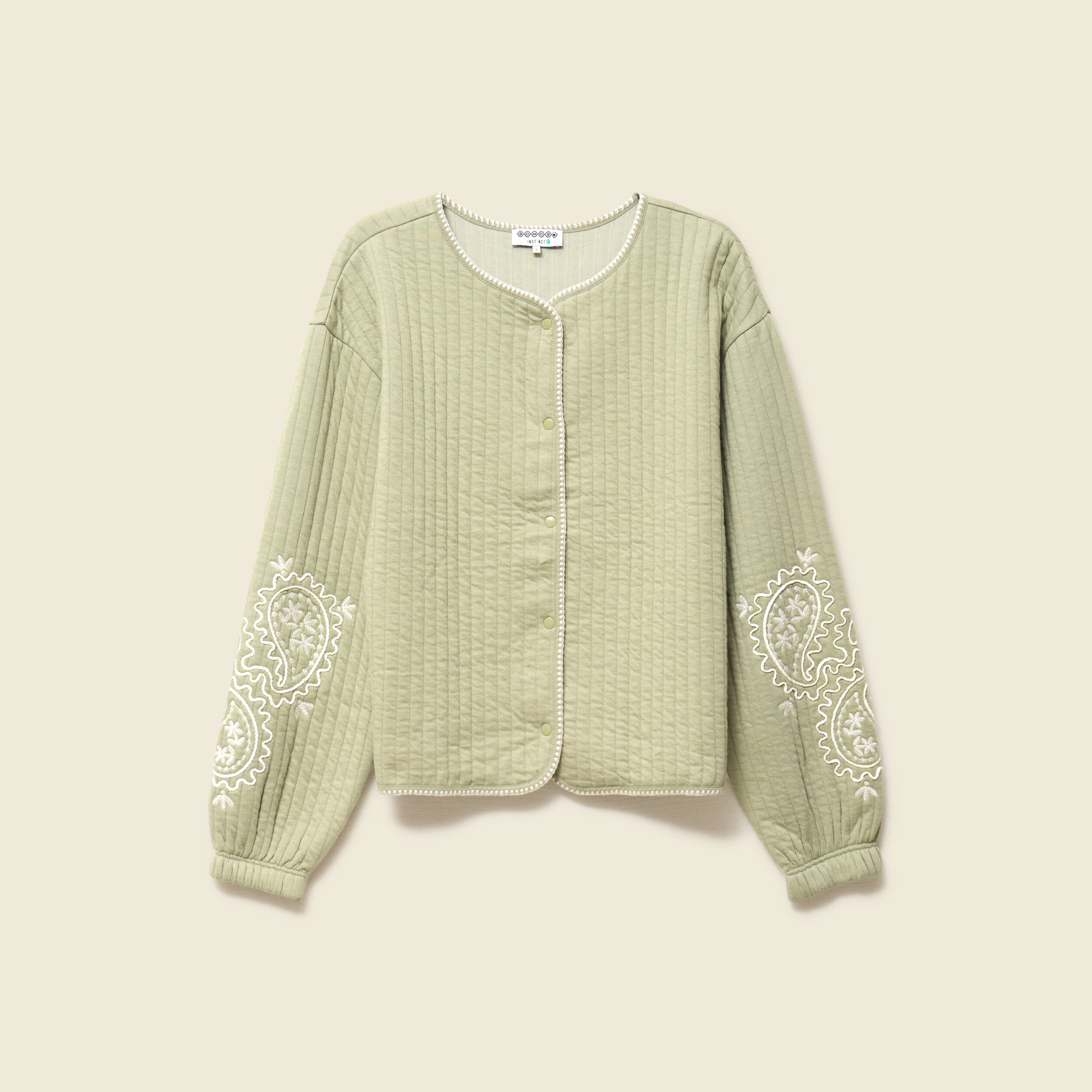 Cardigan droit court col rond brod&eacute; vert kaki femme