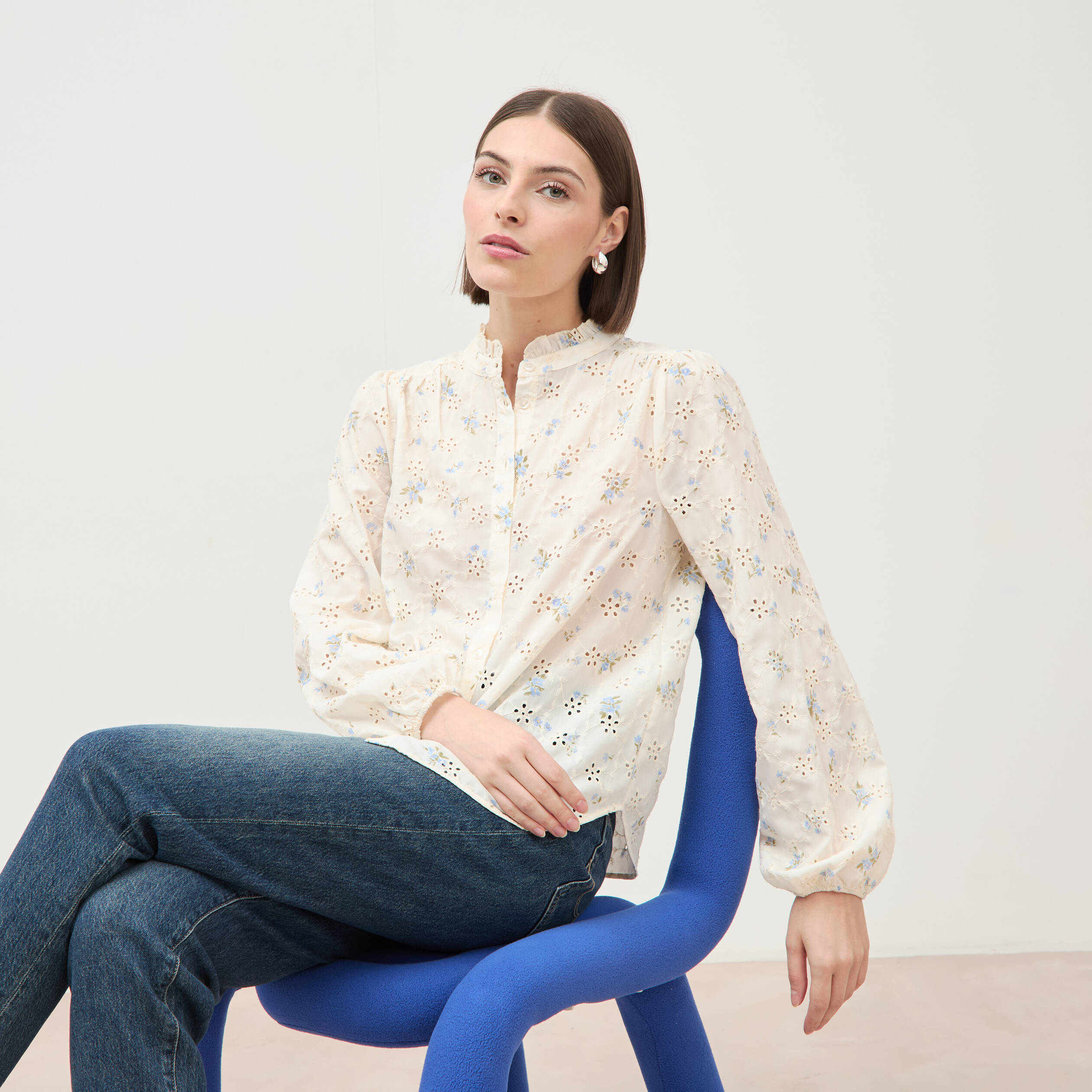 Chemise manches longues col mao bleu femme