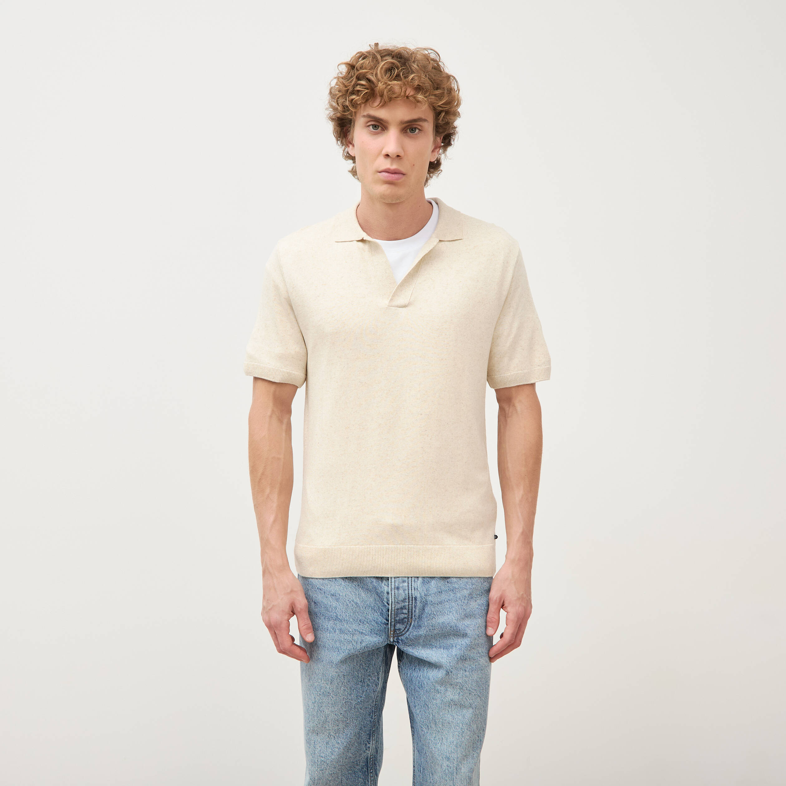 Polo manches courtes col cubain ecru homme