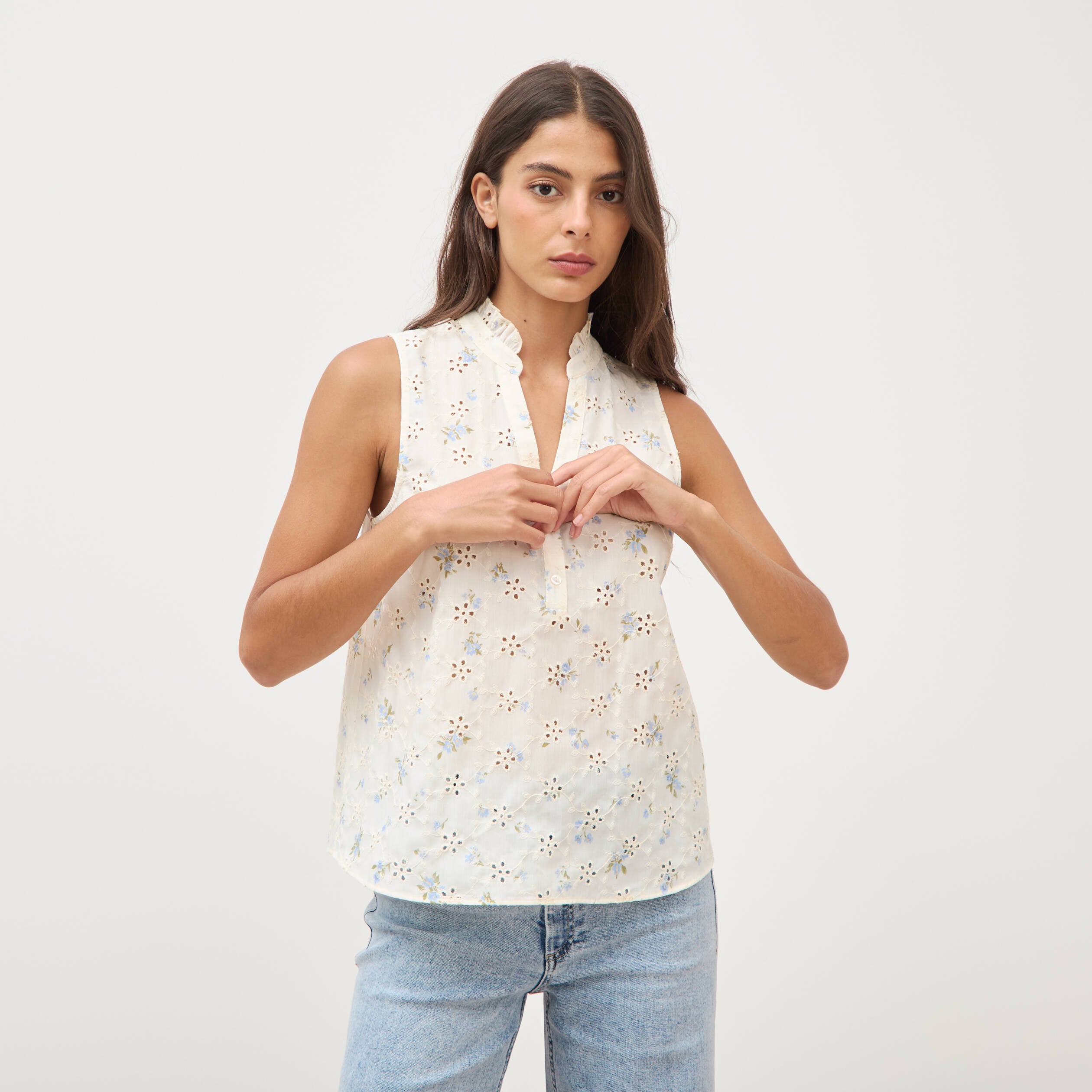Blouse droite sans manches col montant bleu femme