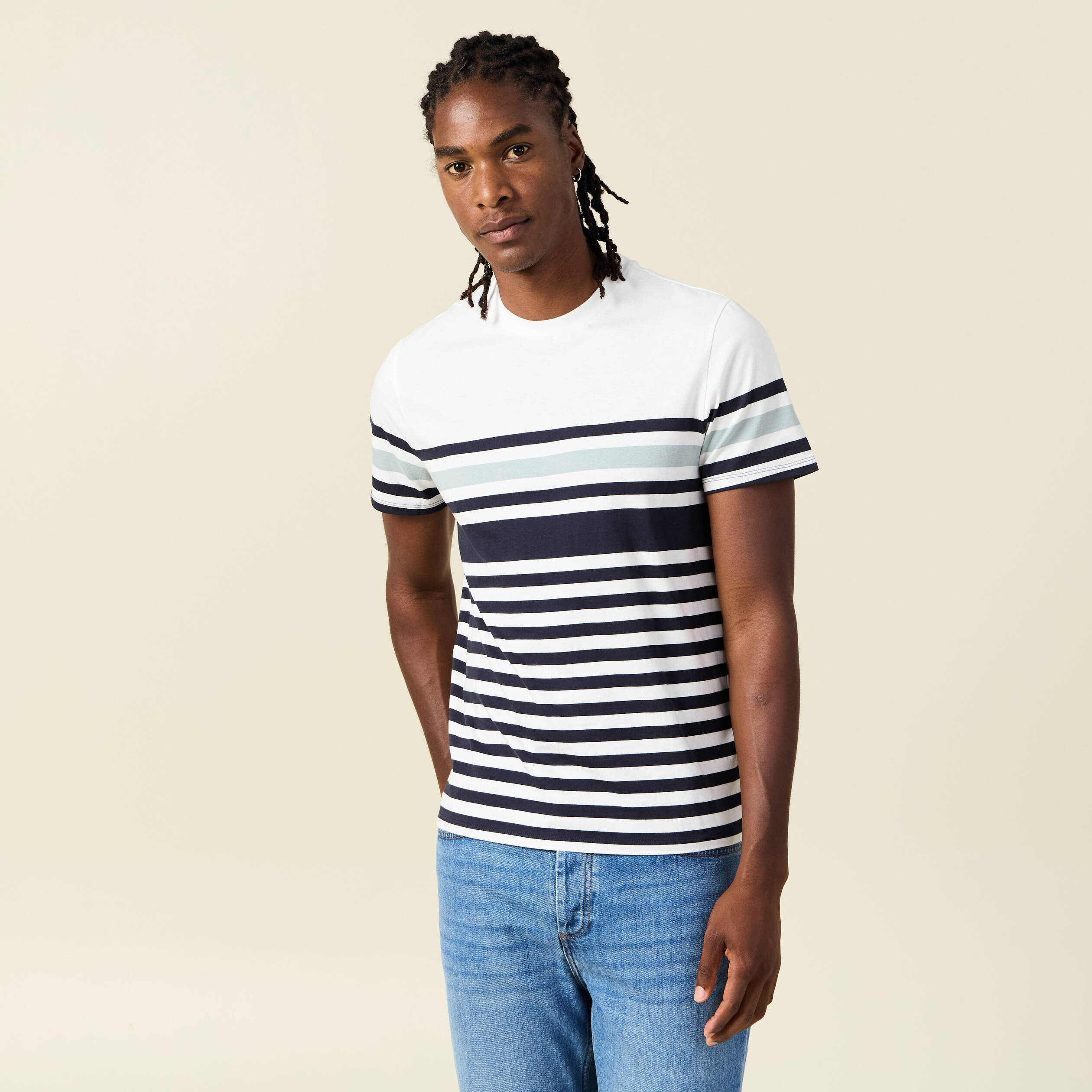 T-shirt ray&eacute; col rond manches courtes bleu marine homme