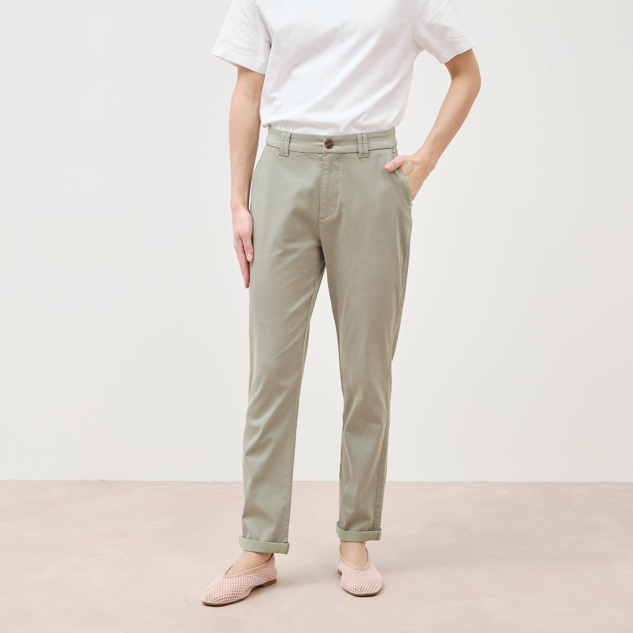 Chino cigarette 7/8&egrave;me taille haute vert kaki femme