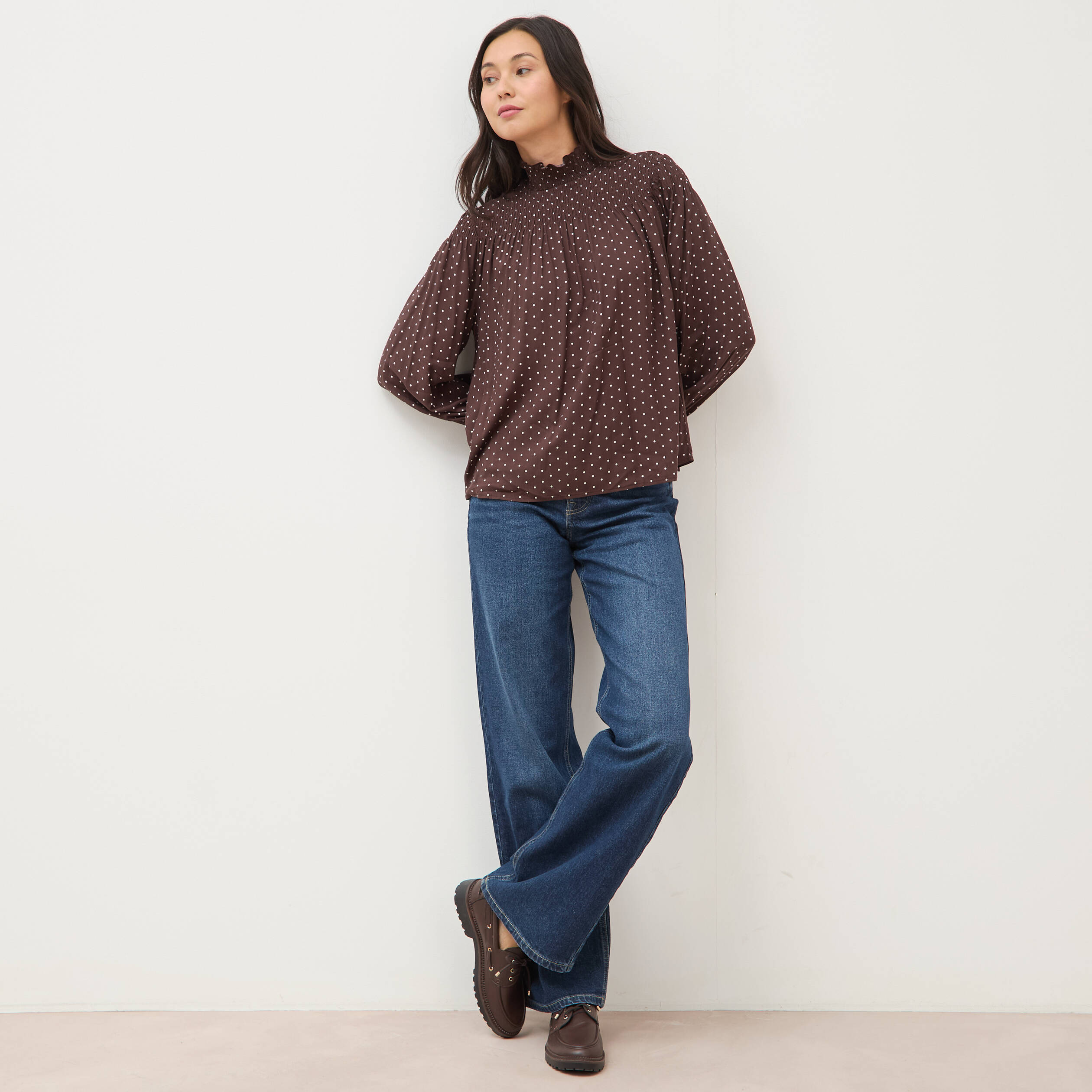 Blouse droite manches longues marron fonc&eacute; femme