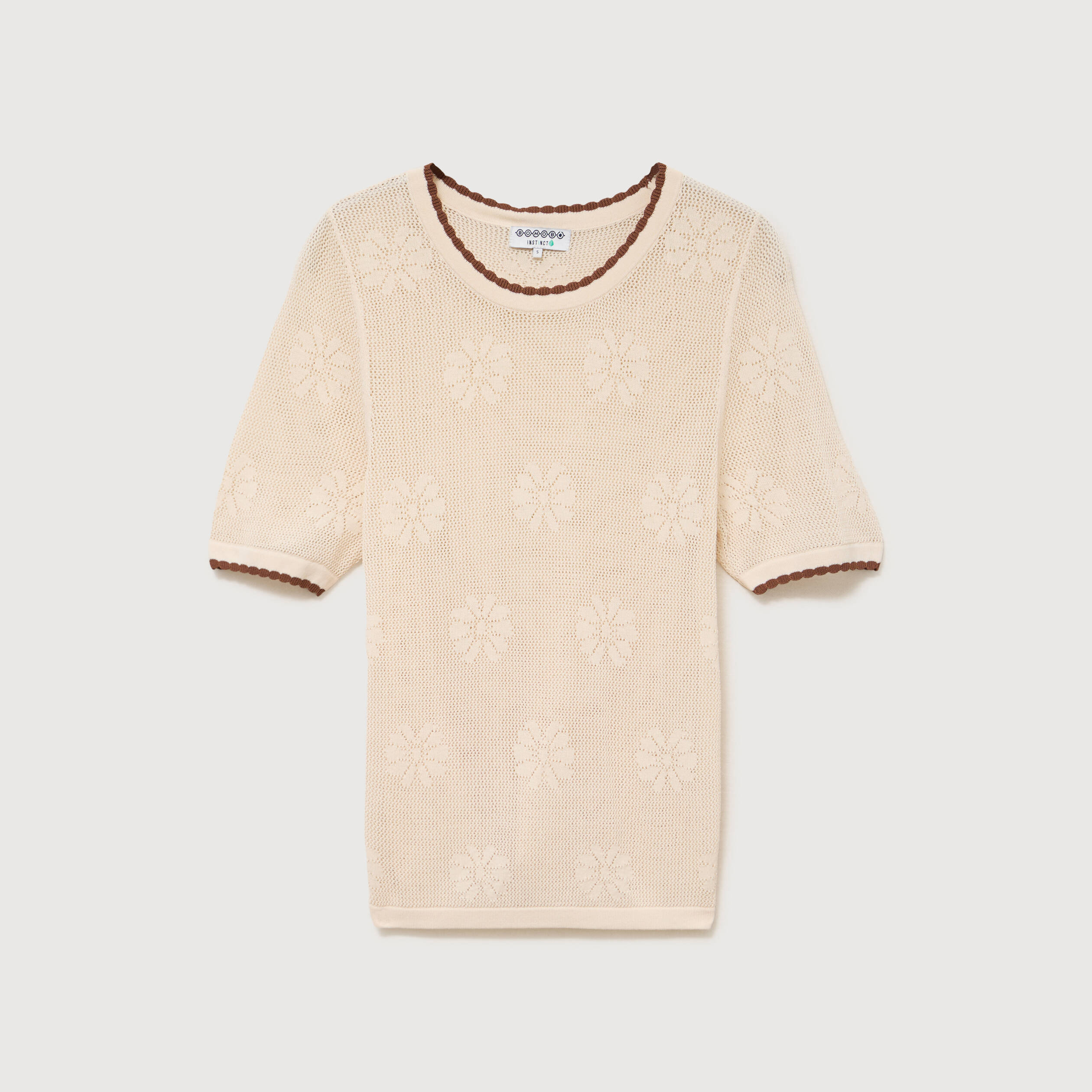Pull droit court manches courtes ecru femme