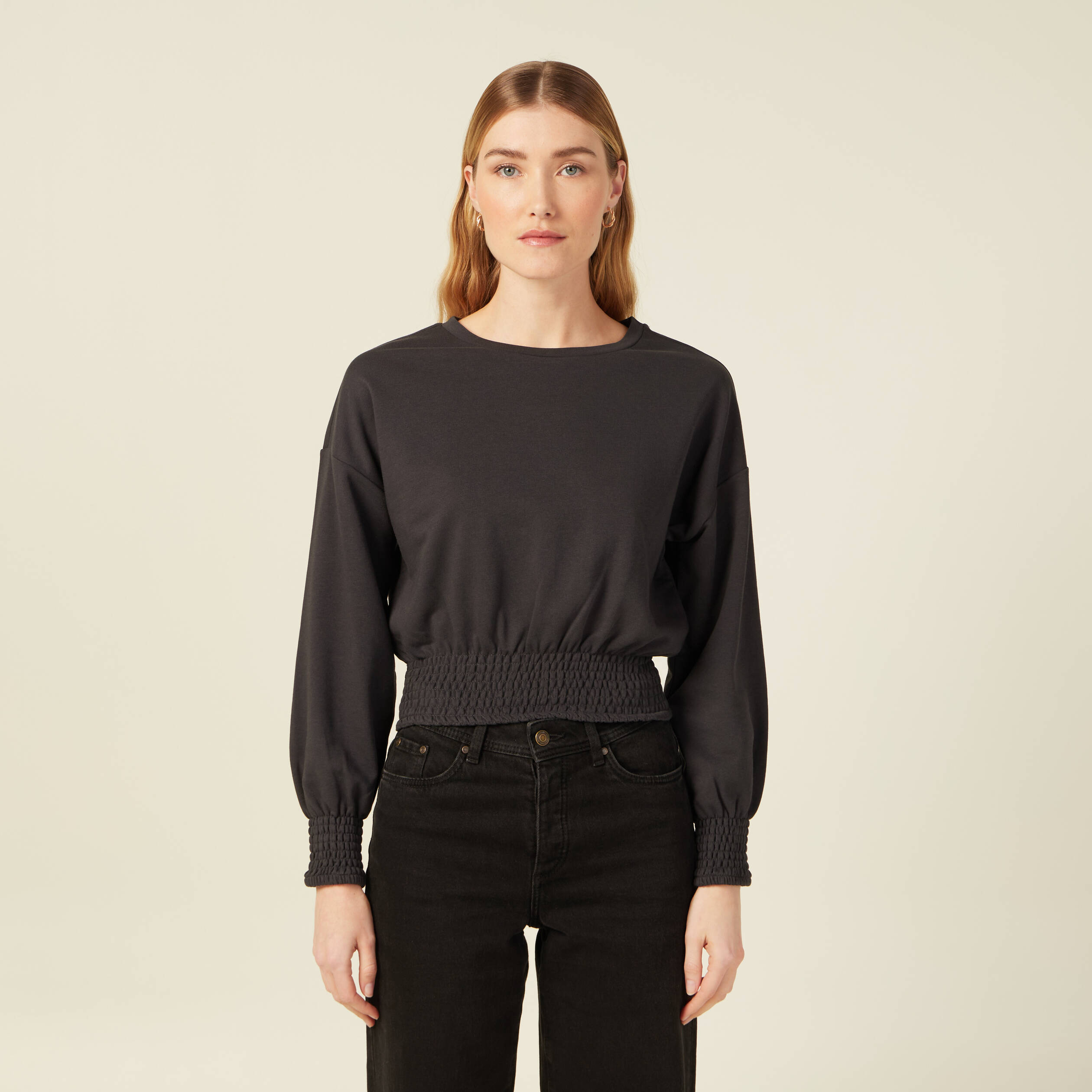 sweat manches longues smocke gris fonce femme Sweat manches longues smocké gris foncé femme