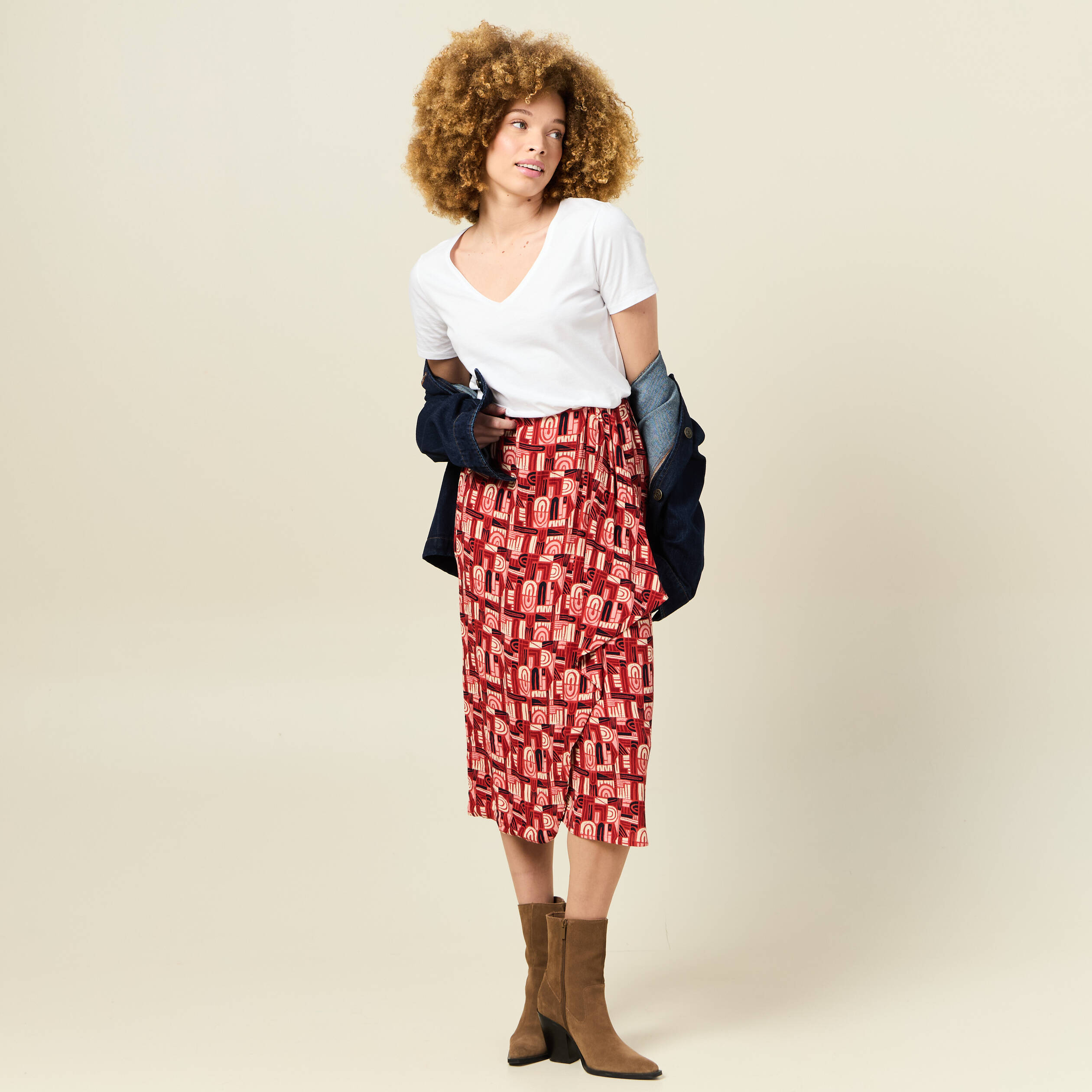 Jupe midi portefeuille fluide rouge foncé femme