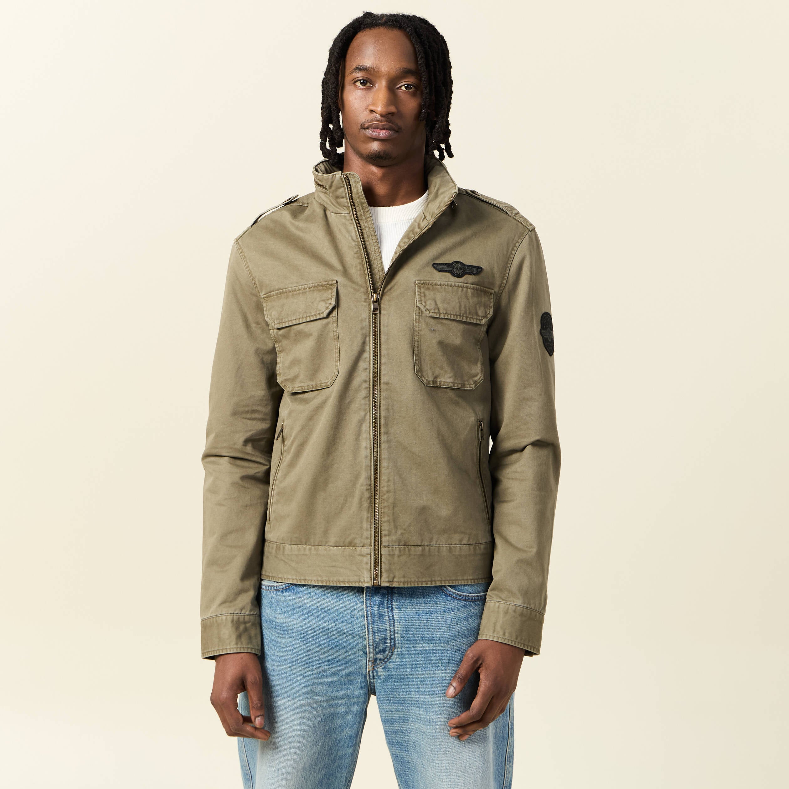 Blouson style biker zipp&eacute; vert kaki homme