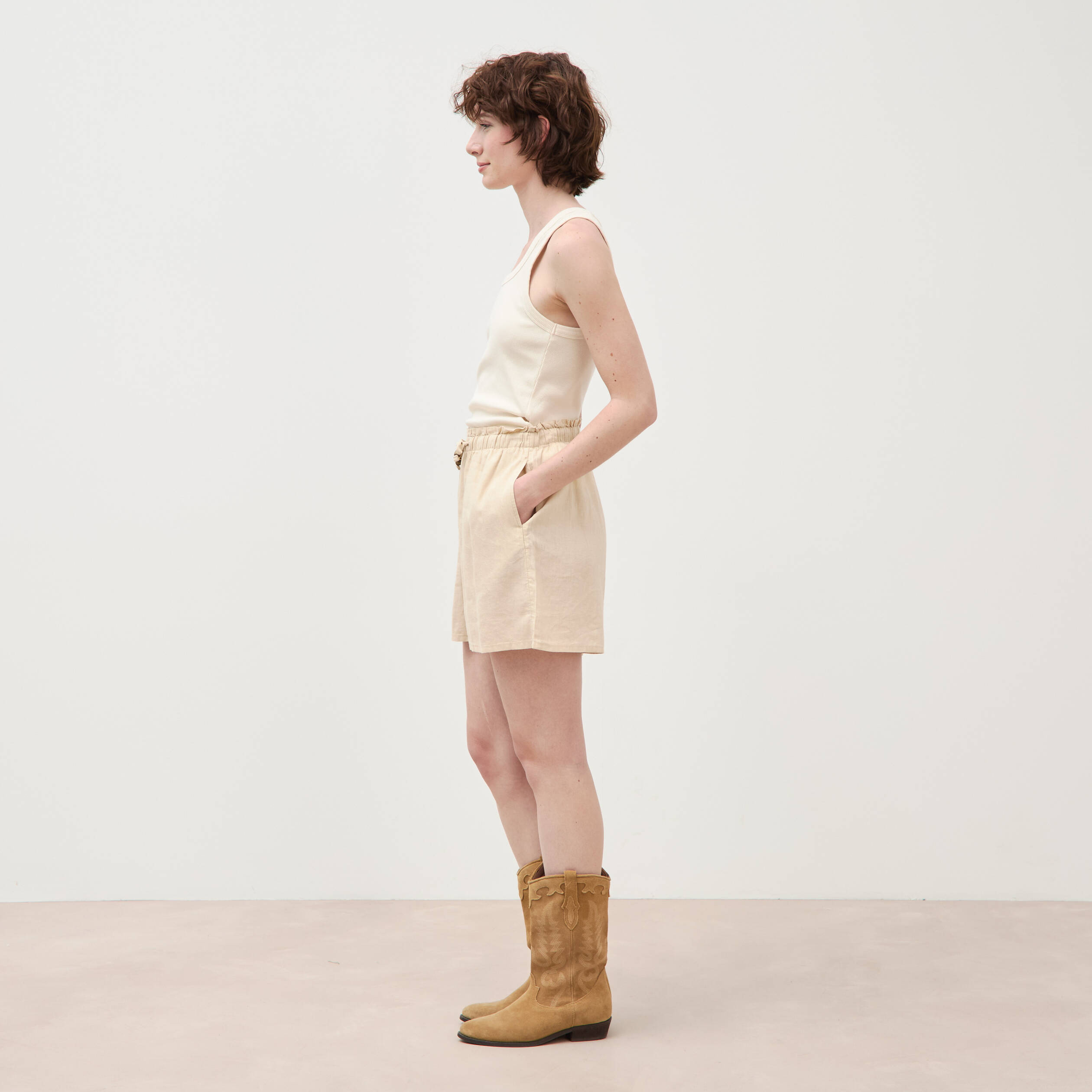 Short taille haute creme femme