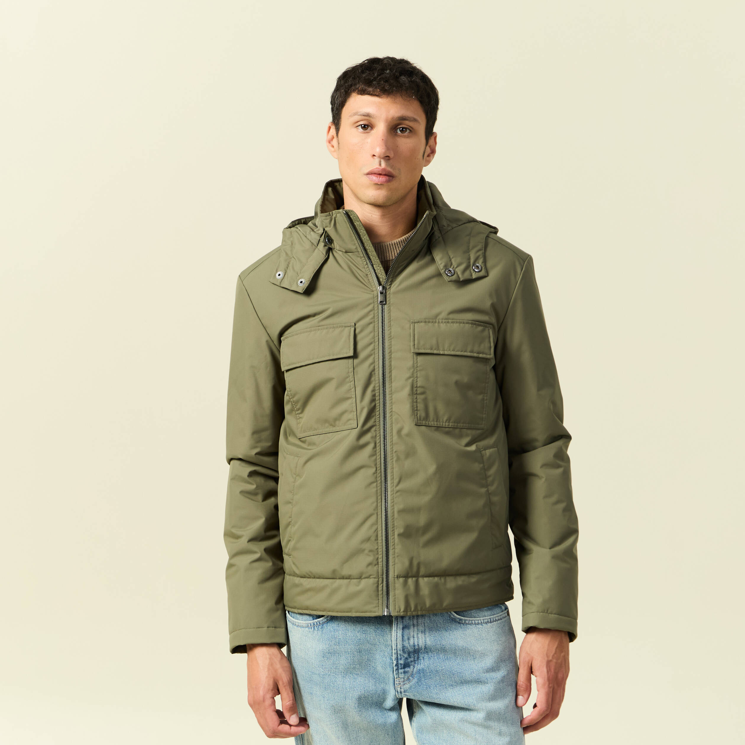 Blouson capuche doublure vert kaki homme