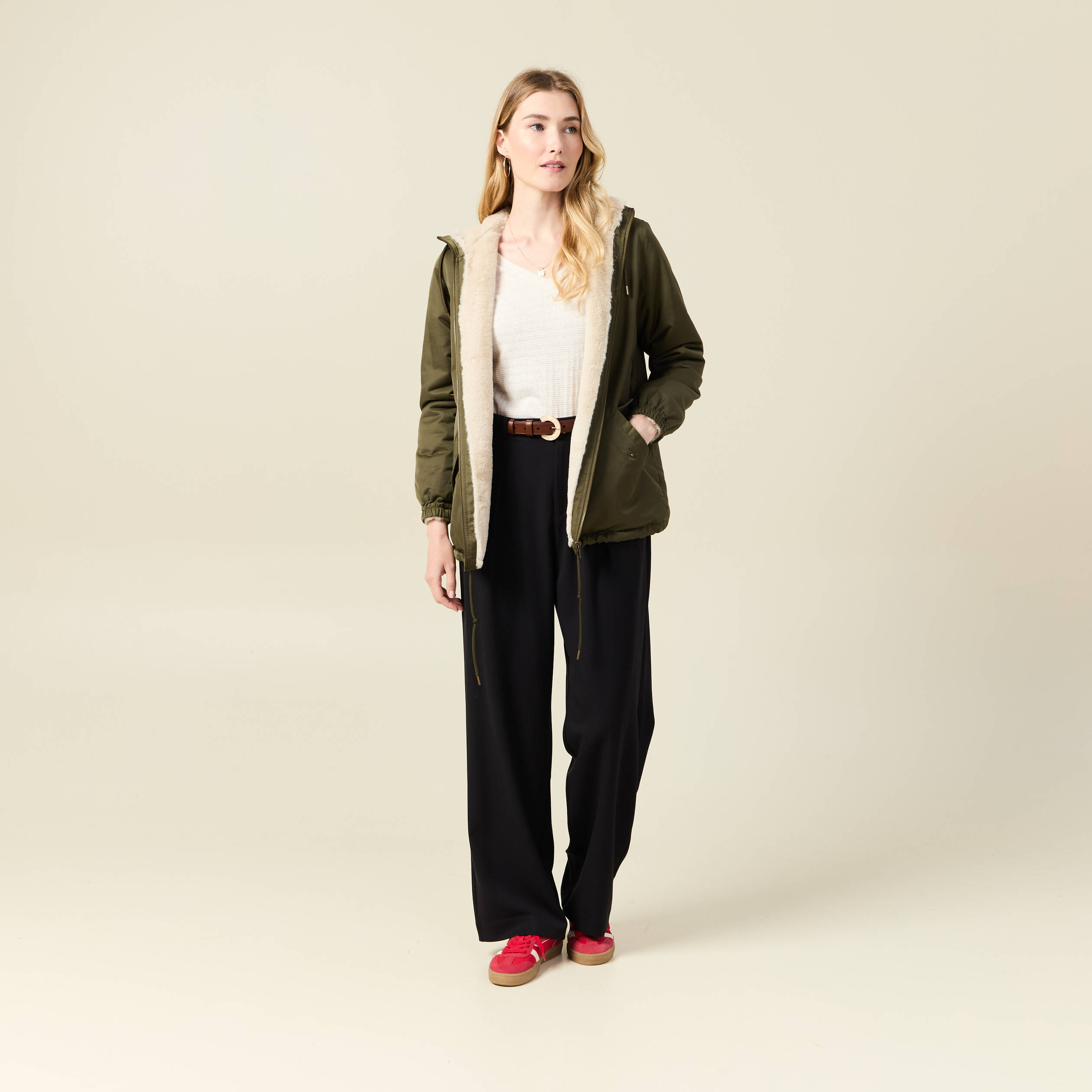 Parka r&eacute;versible vert kaki femme