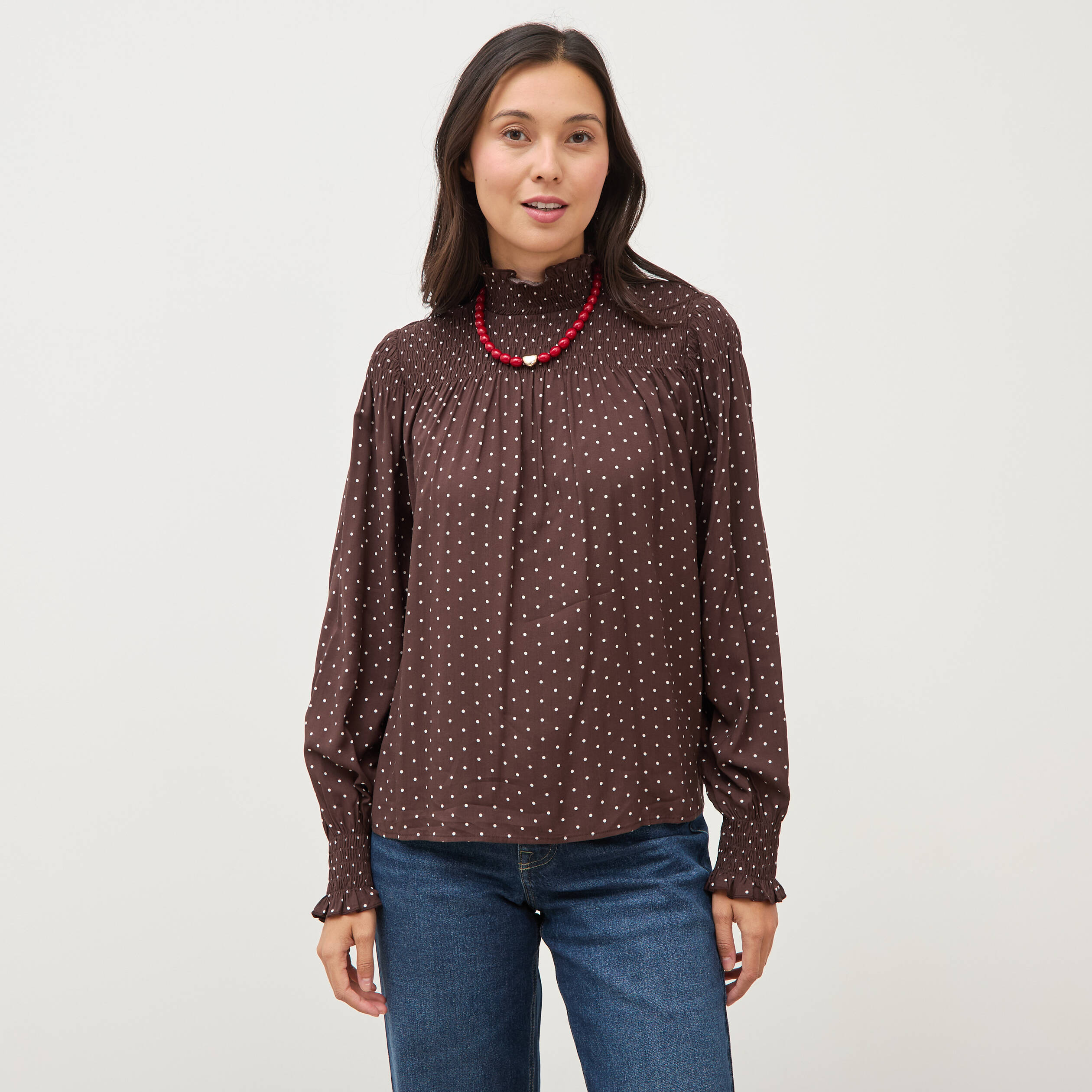 Blouse droite manches longues marron fonc&eacute; femme