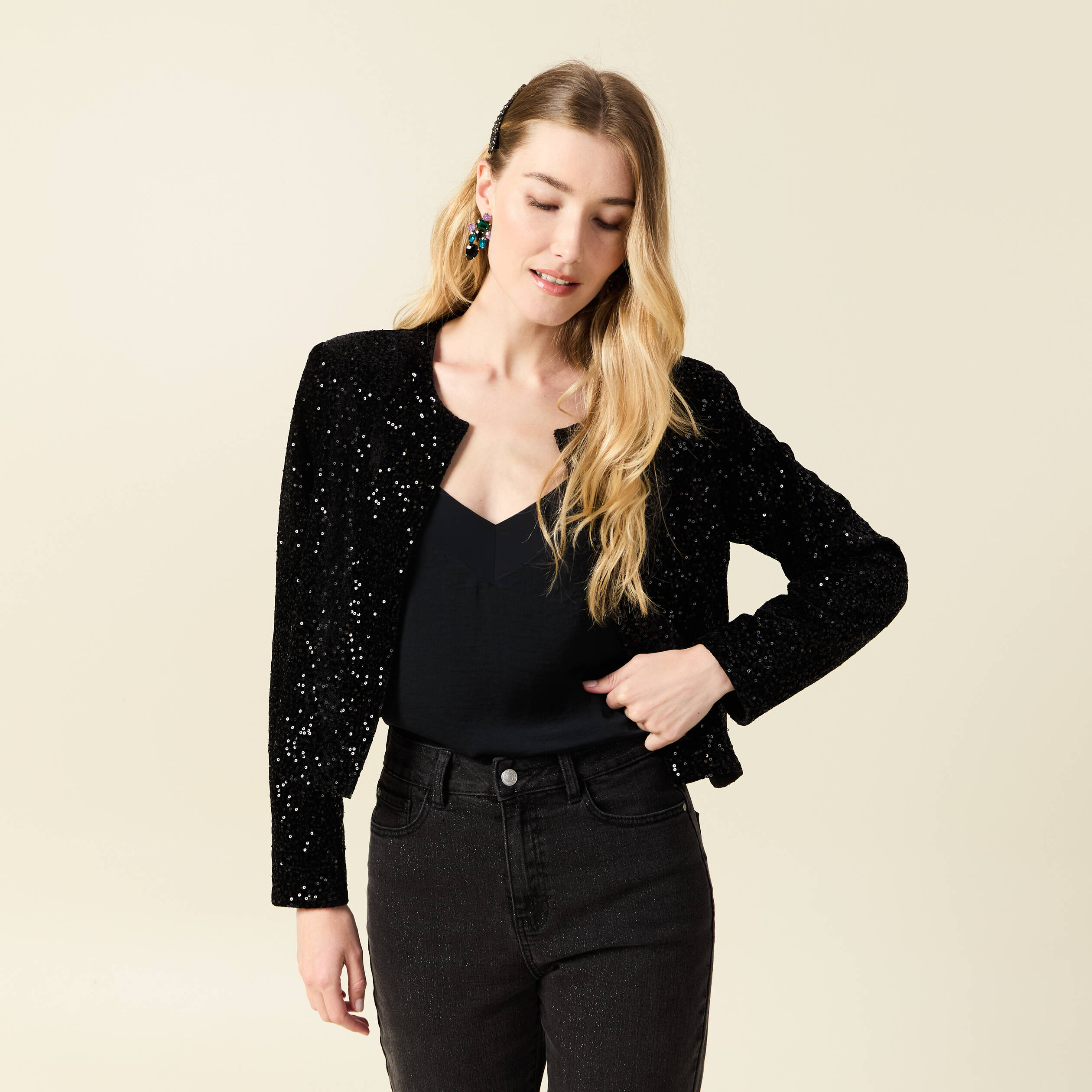 gilet manches longues sequins noir femme Gilet manches longues sequins noir femme