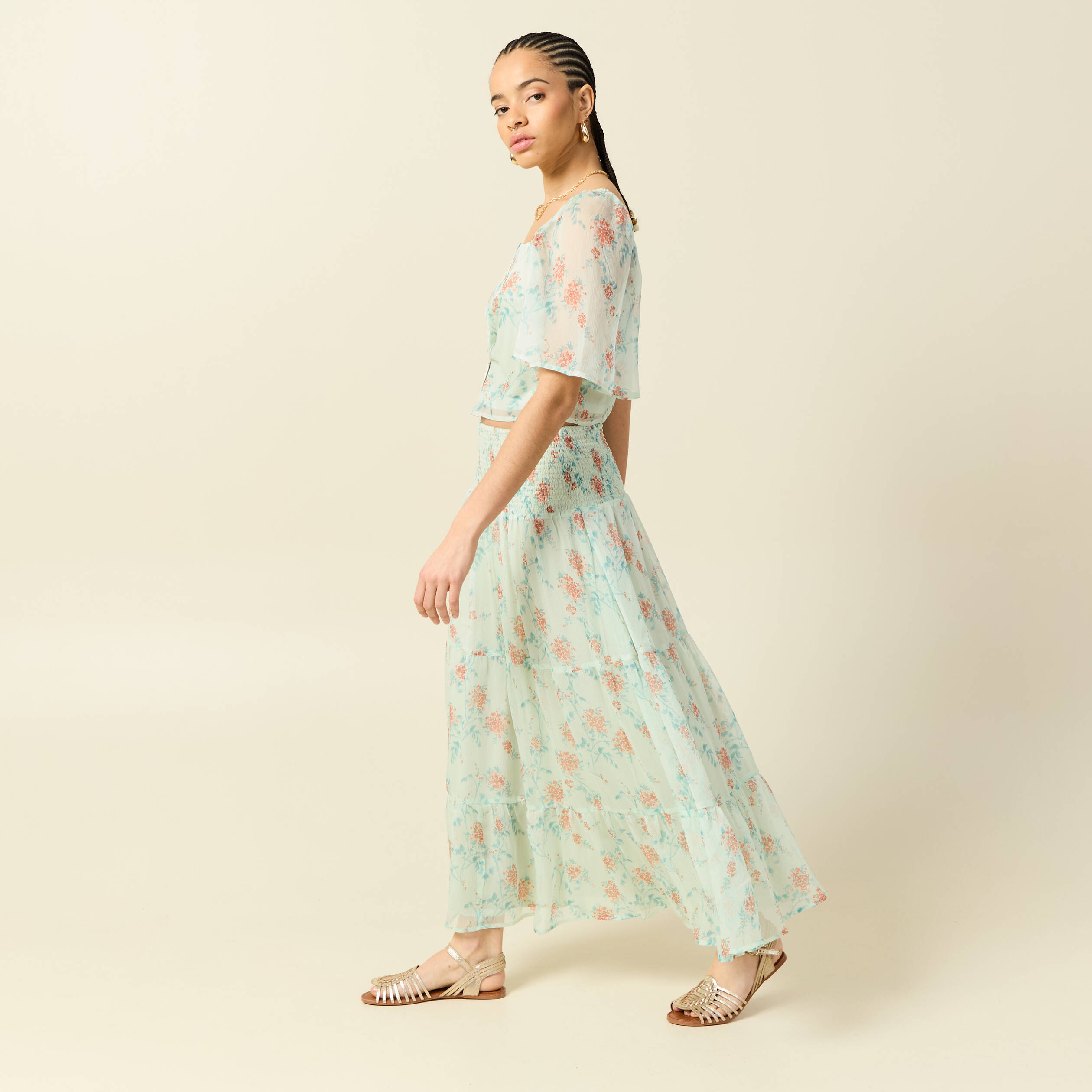 Jupon taille haute doubl&eacute; fluide vert pastel femme