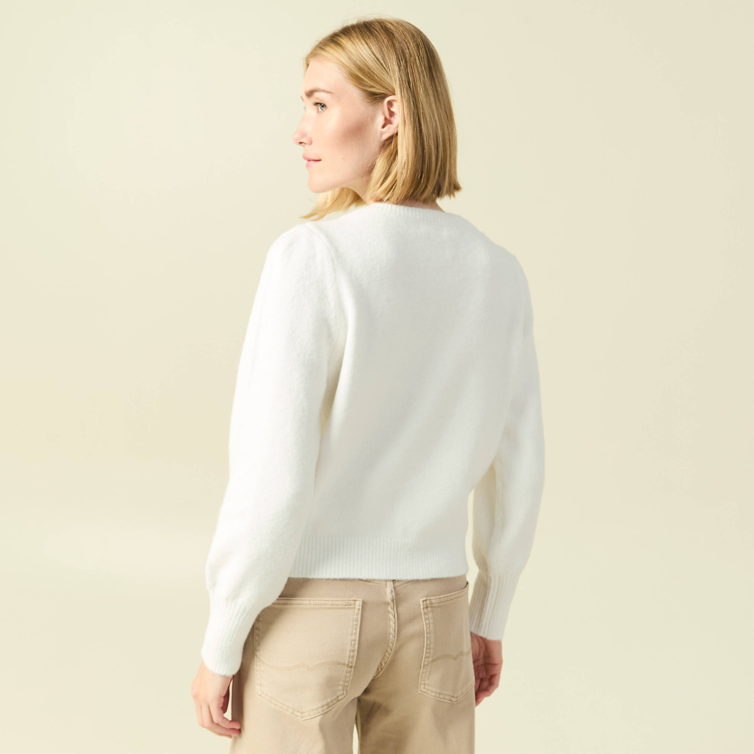 Pull manches longues col rond ecru femme