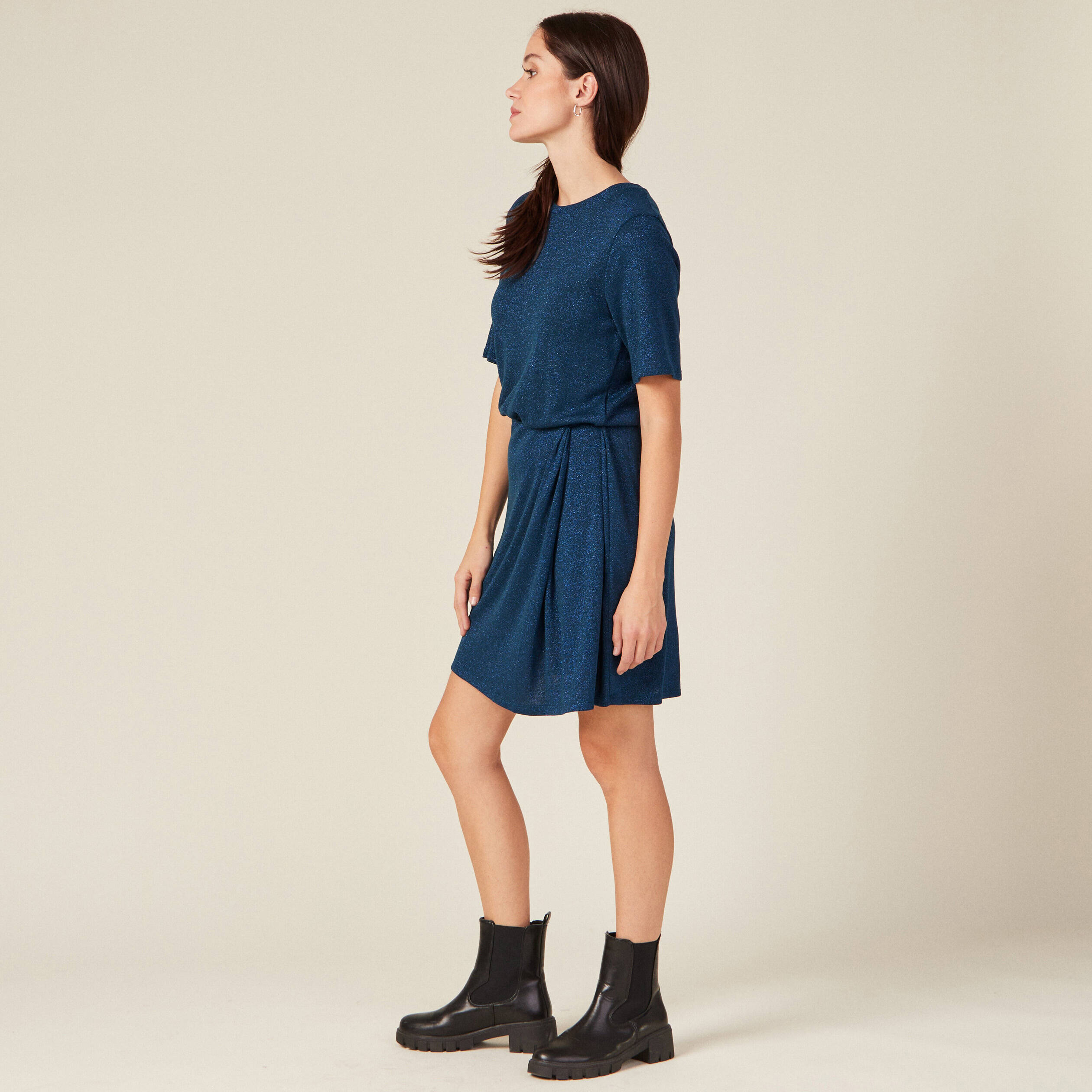 Robe moulante fils métallisés bleu canard femme