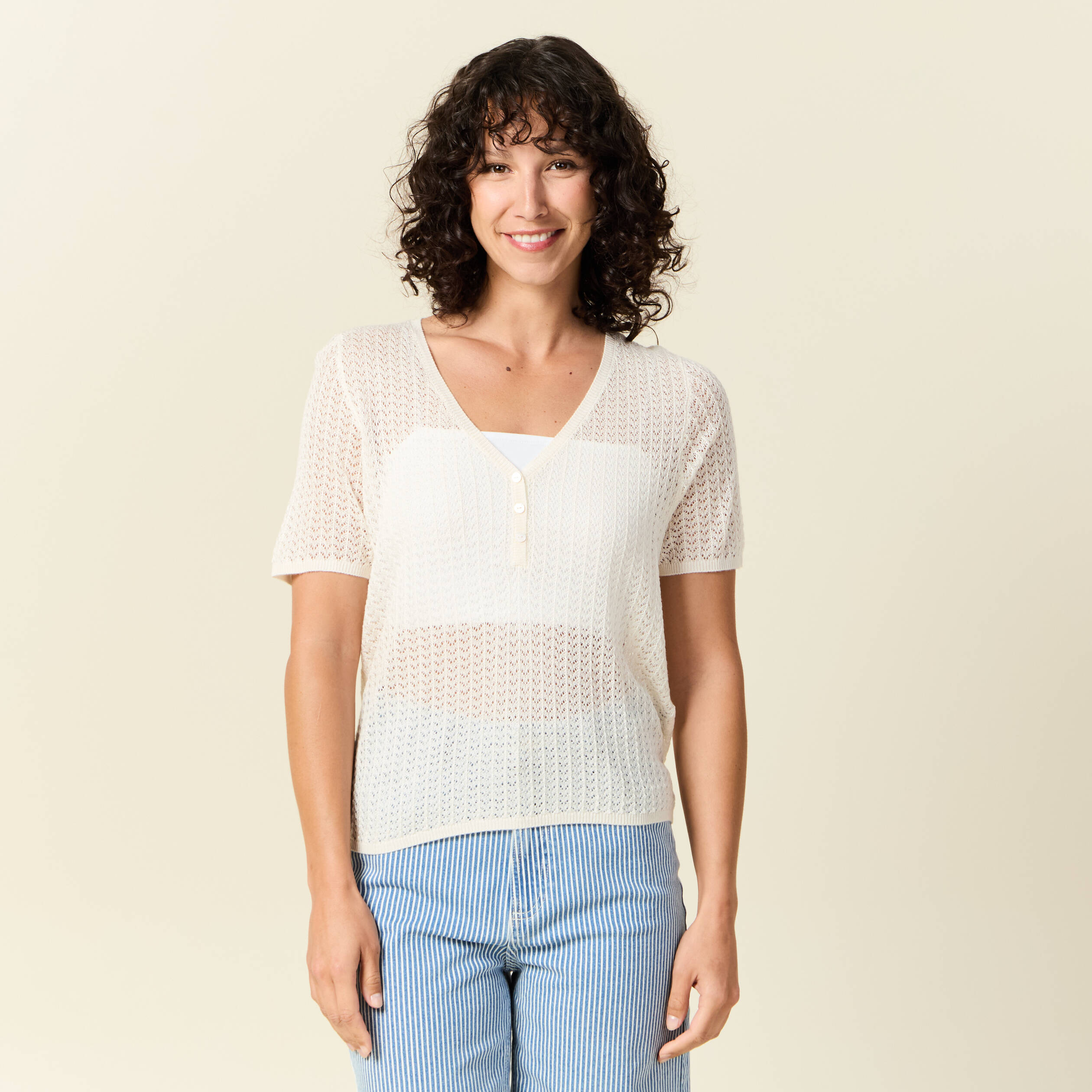 pull manches courtes ajoure creme femme Pull manches courtes ajouré creme femme