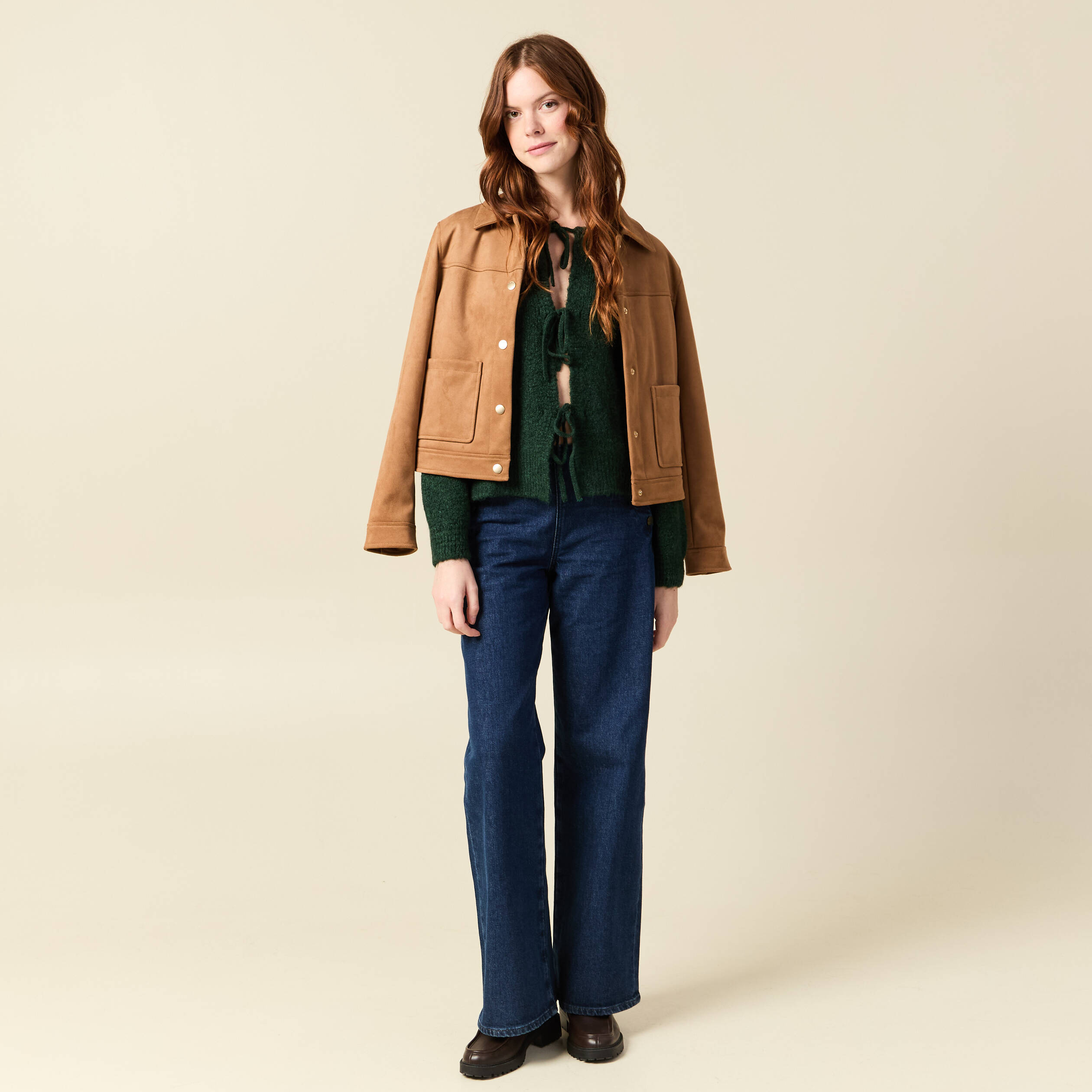 Gilet oversize manches longues vert fonc&eacute; femme