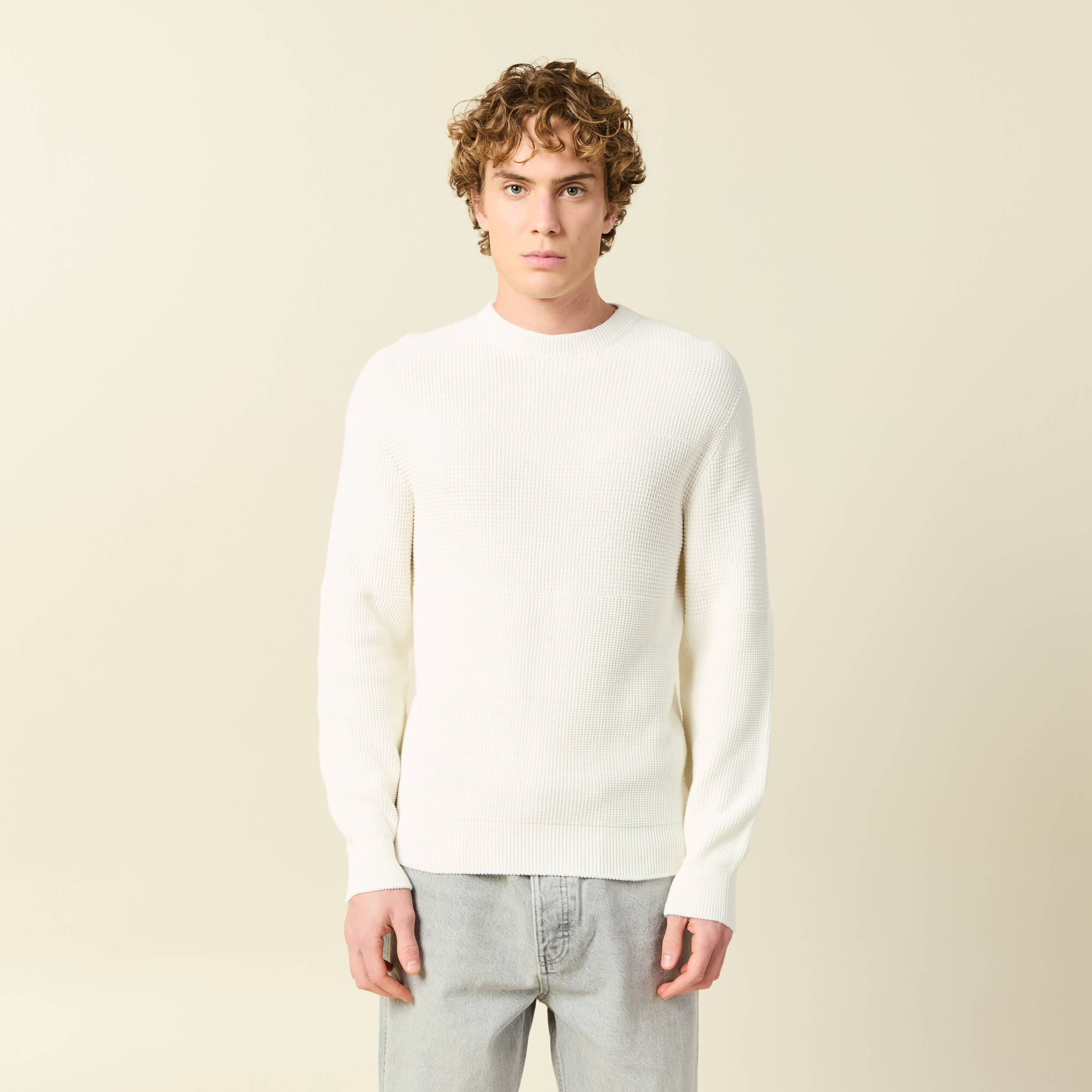 Pull col rond manches longues en coton ecru homme