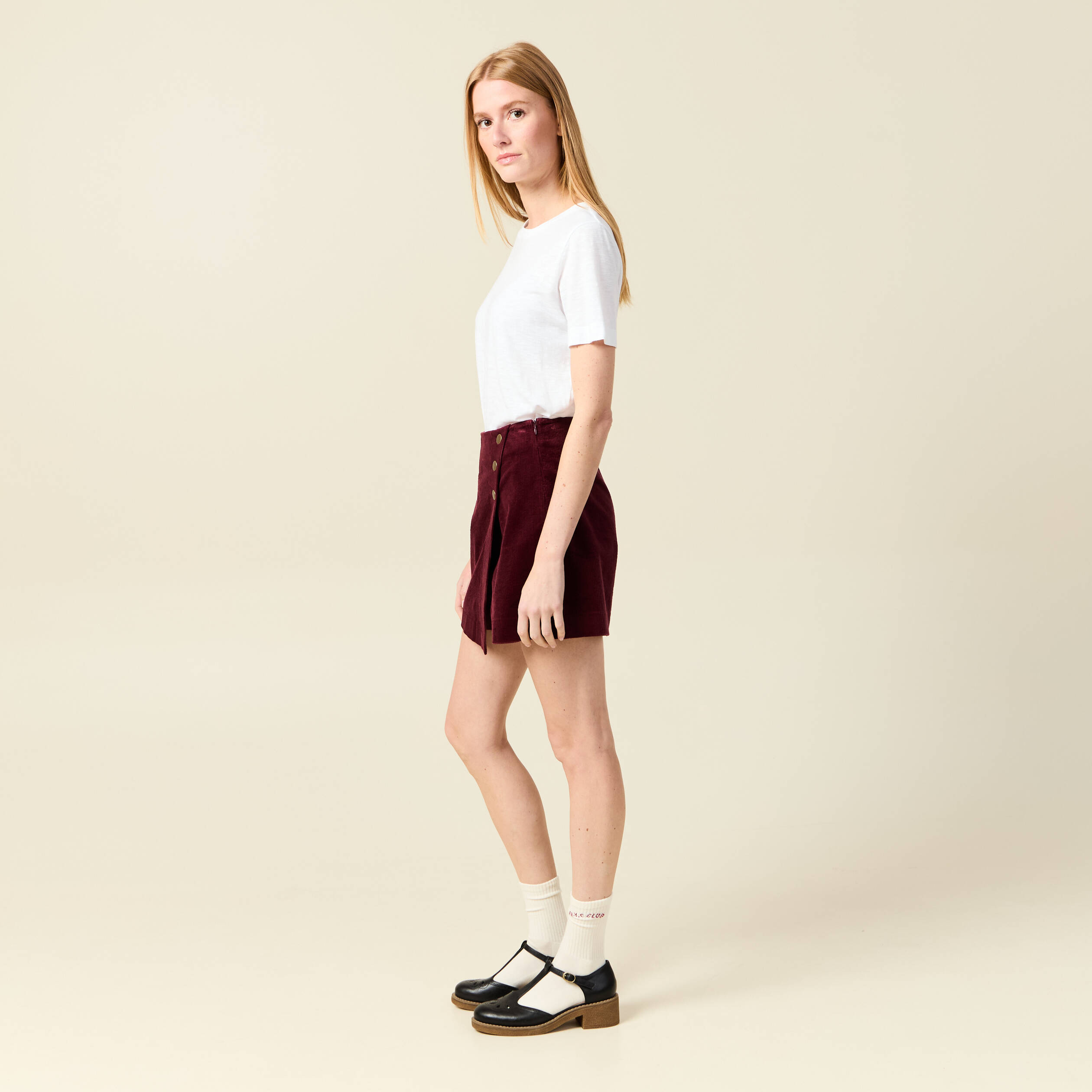 Jupe-short taille haute en velours bordeaux femme