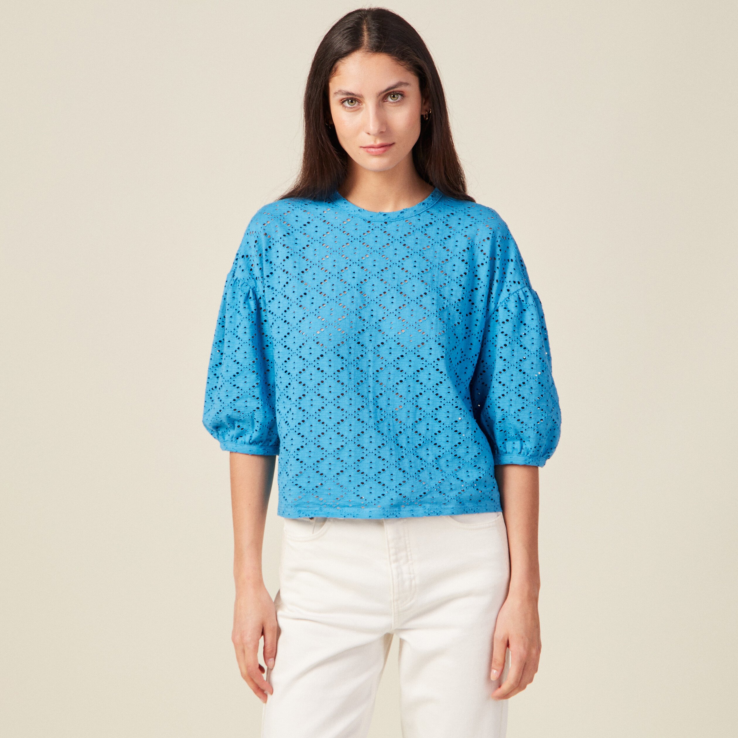 t shirt manches 34 ajoure bleu femme T-shirt manches 3/4 ajouré bleu femme