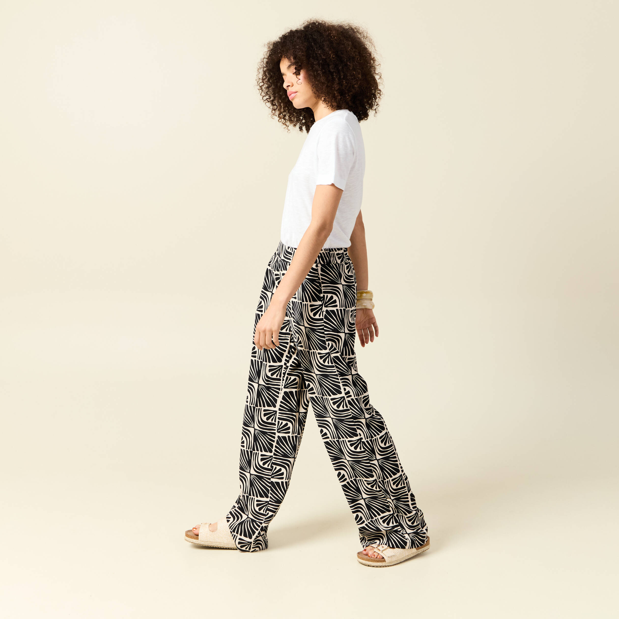 pantalon large taille haute fluide creme femme Pantalon large taille haute fluide creme femme