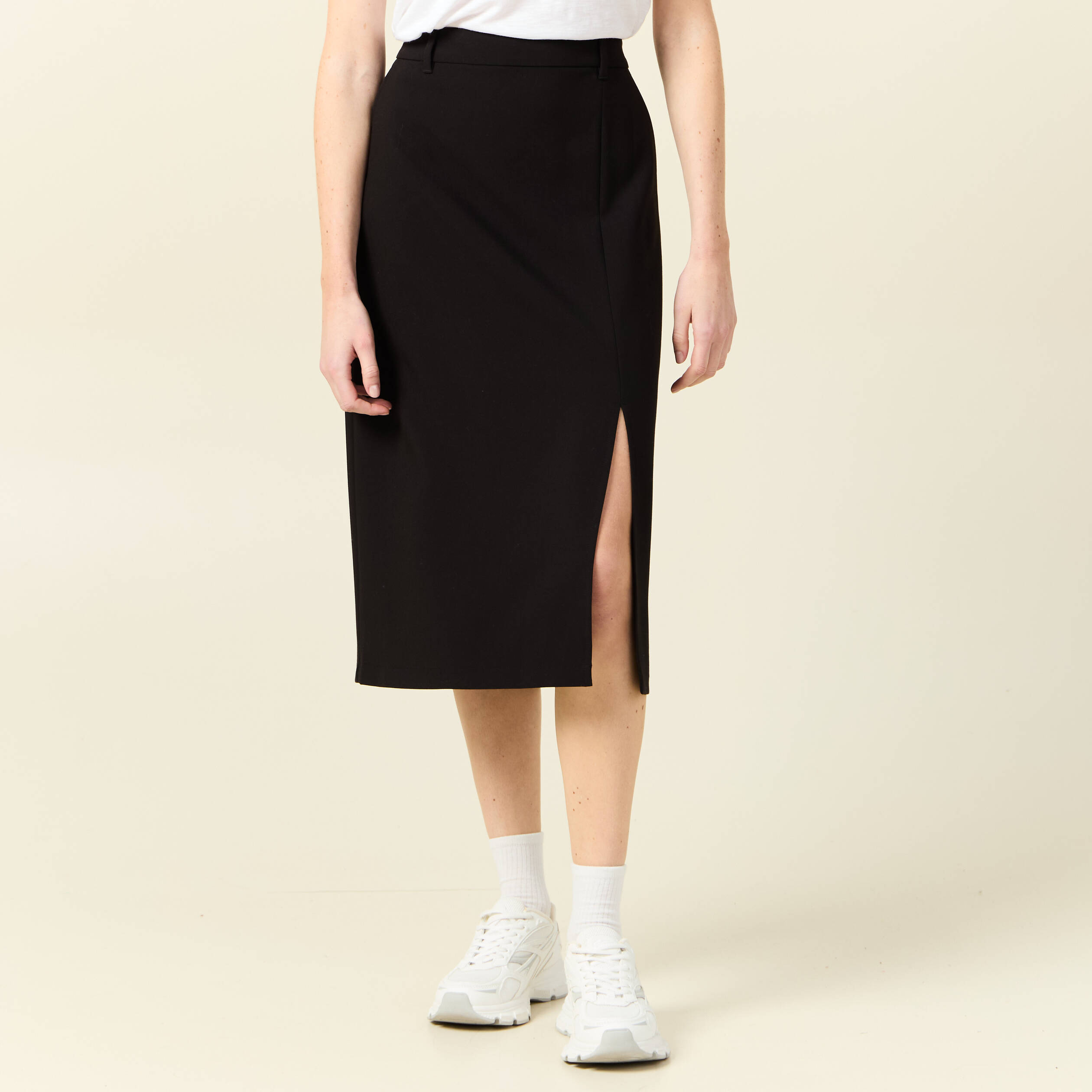 Jupe midi droite fendue noir femme