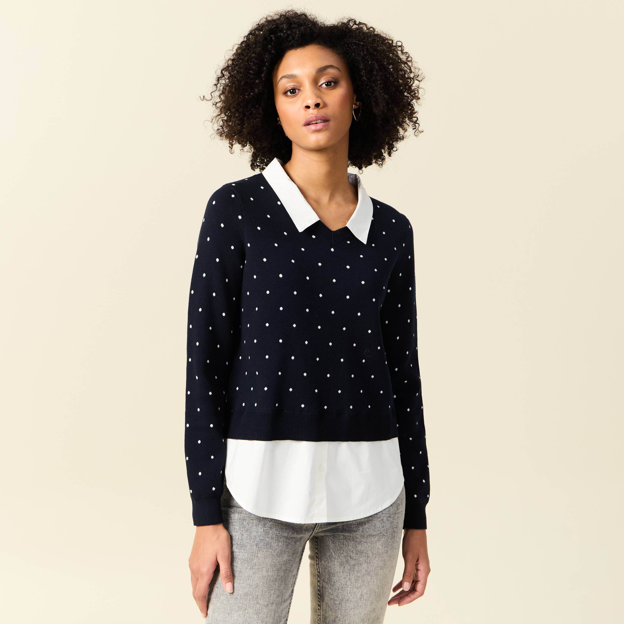 Pull manches longues 2-en1 bleu marine femme