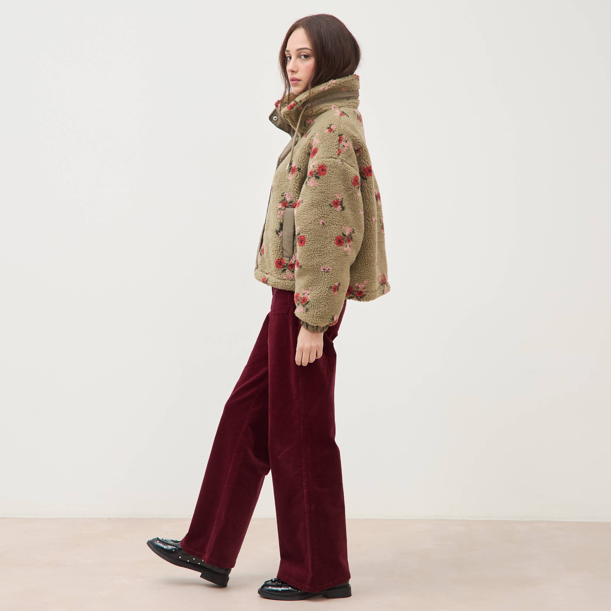 Blouson oversize sherpa col montant vert femme