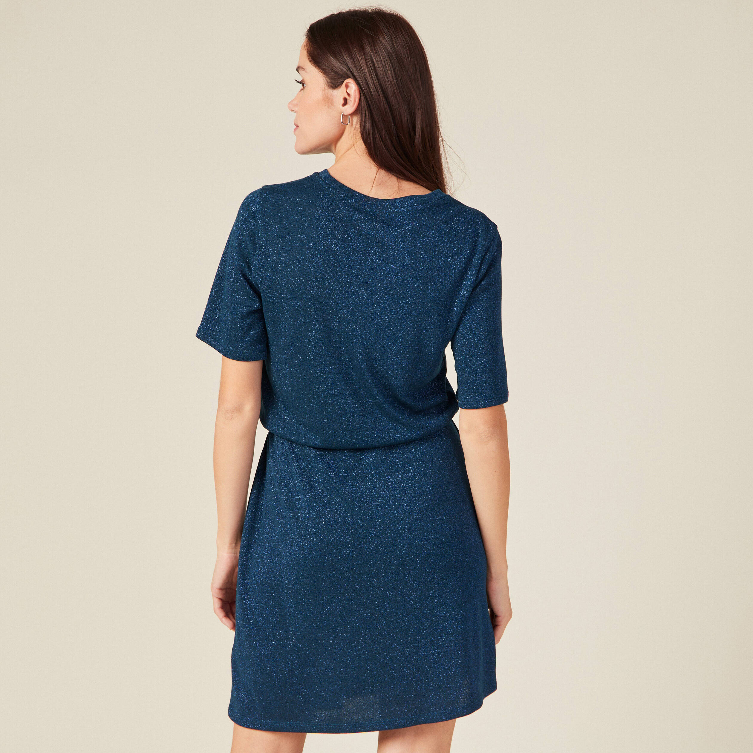 Robe moulante fils métallisés bleu canard femme