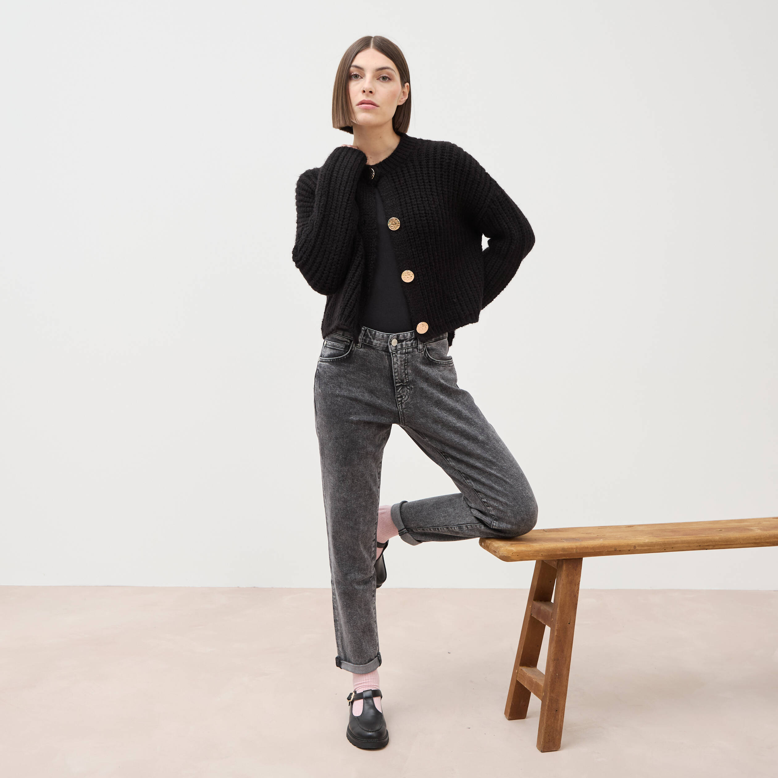 Jeans girlfriend 5 poches denim snow gris femme