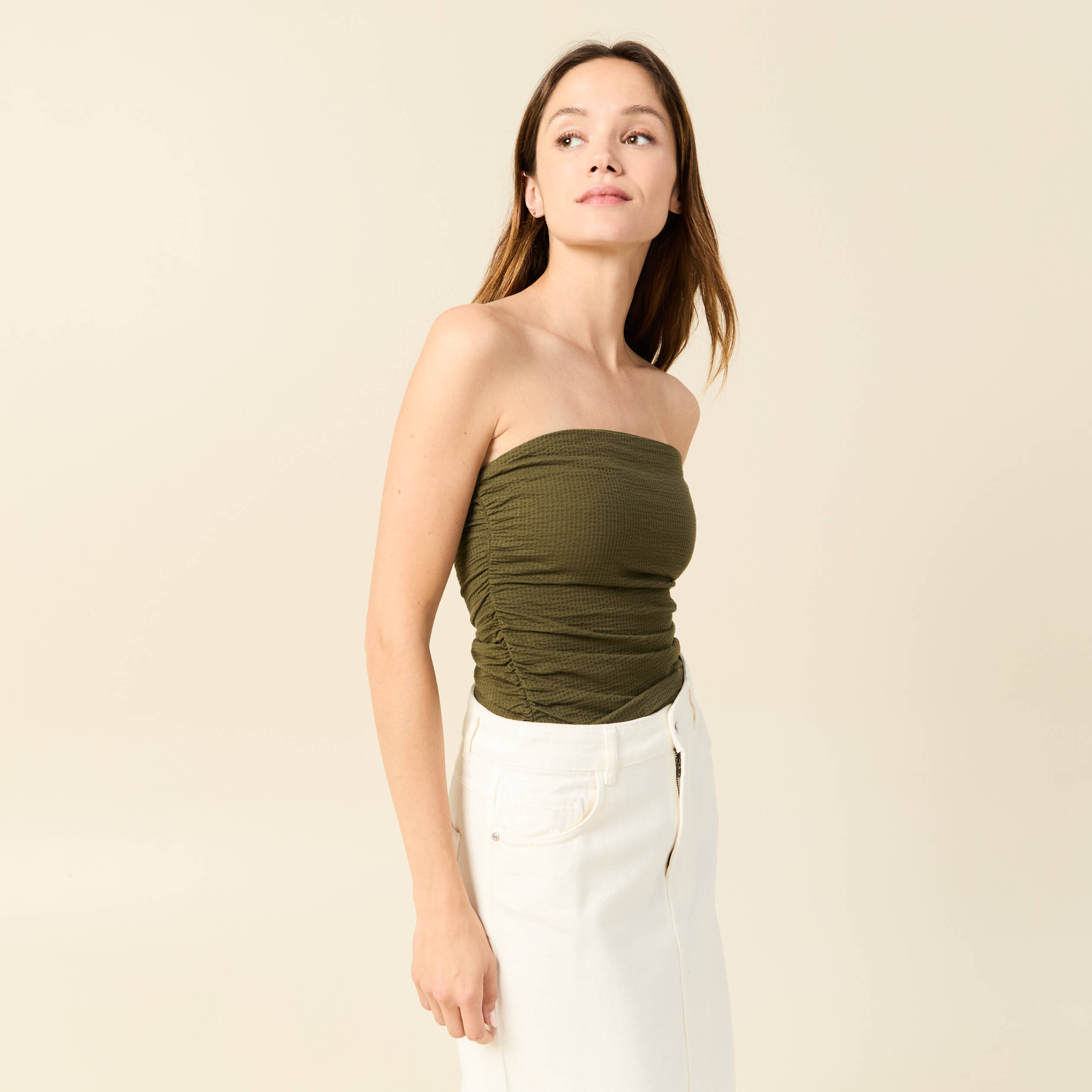 bustier cropped cotele vert kaki femme Bustier cropped côtelé vert kaki femme