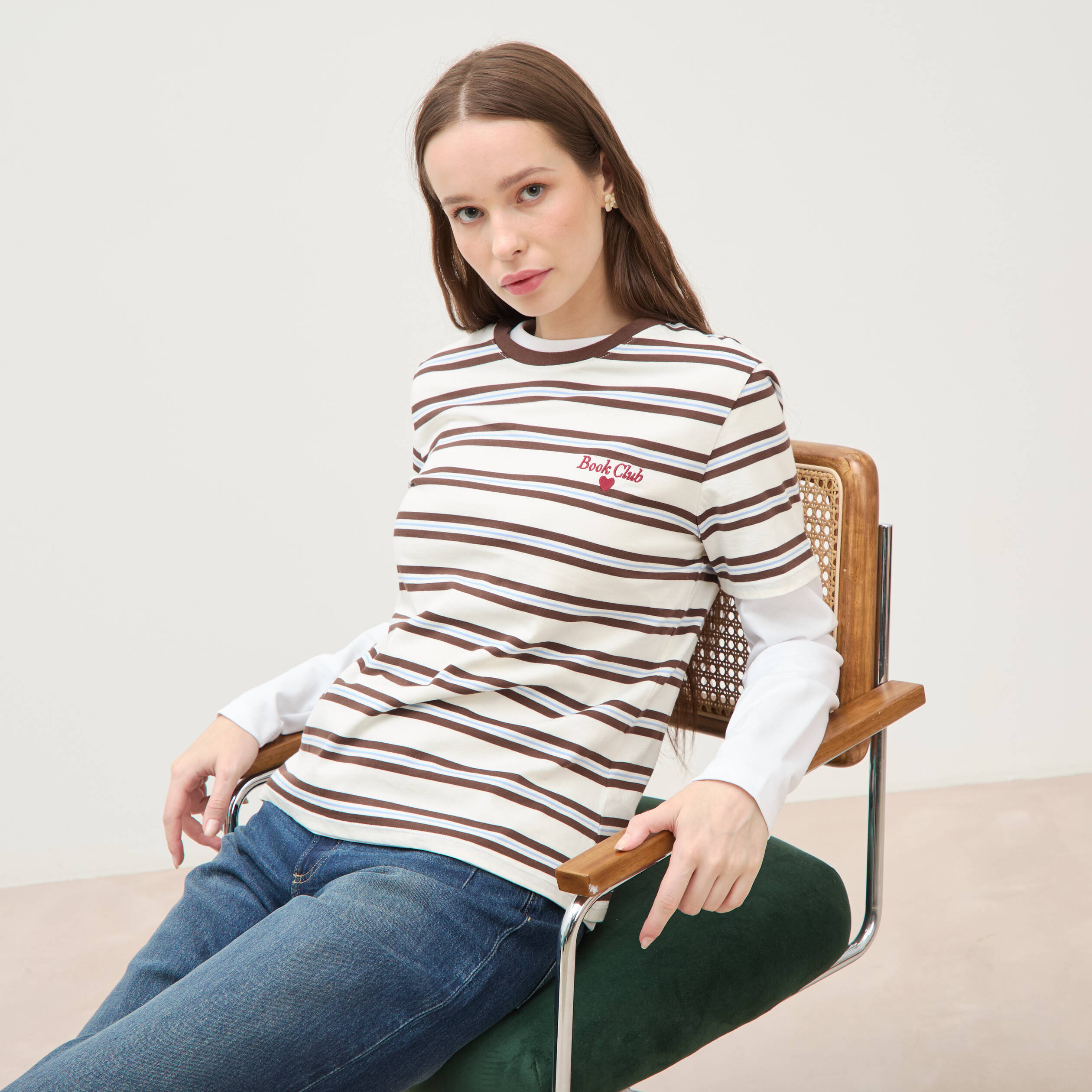T-shirt ray&eacute; col rond manches courtes ivoire femme