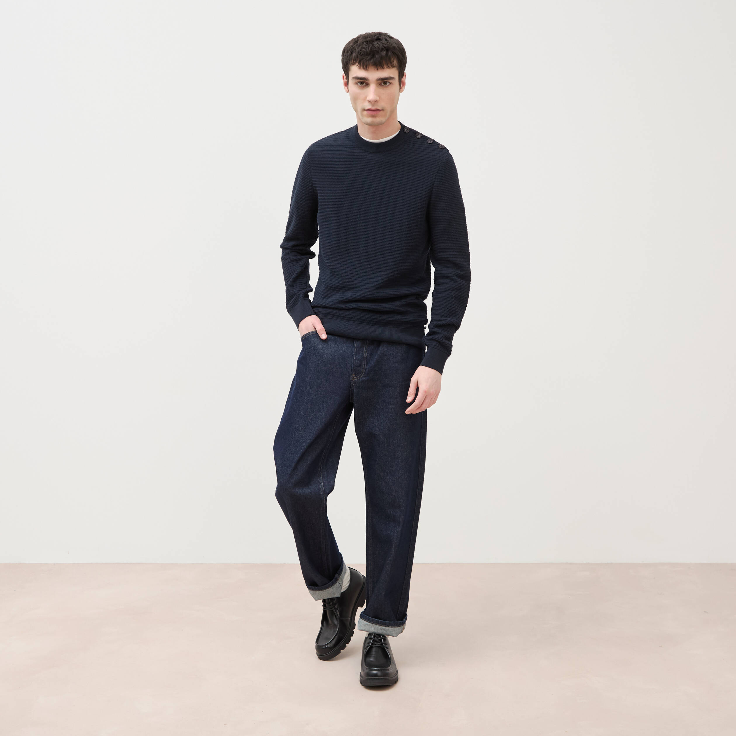 Pull col rond manches longues bleu marine homme