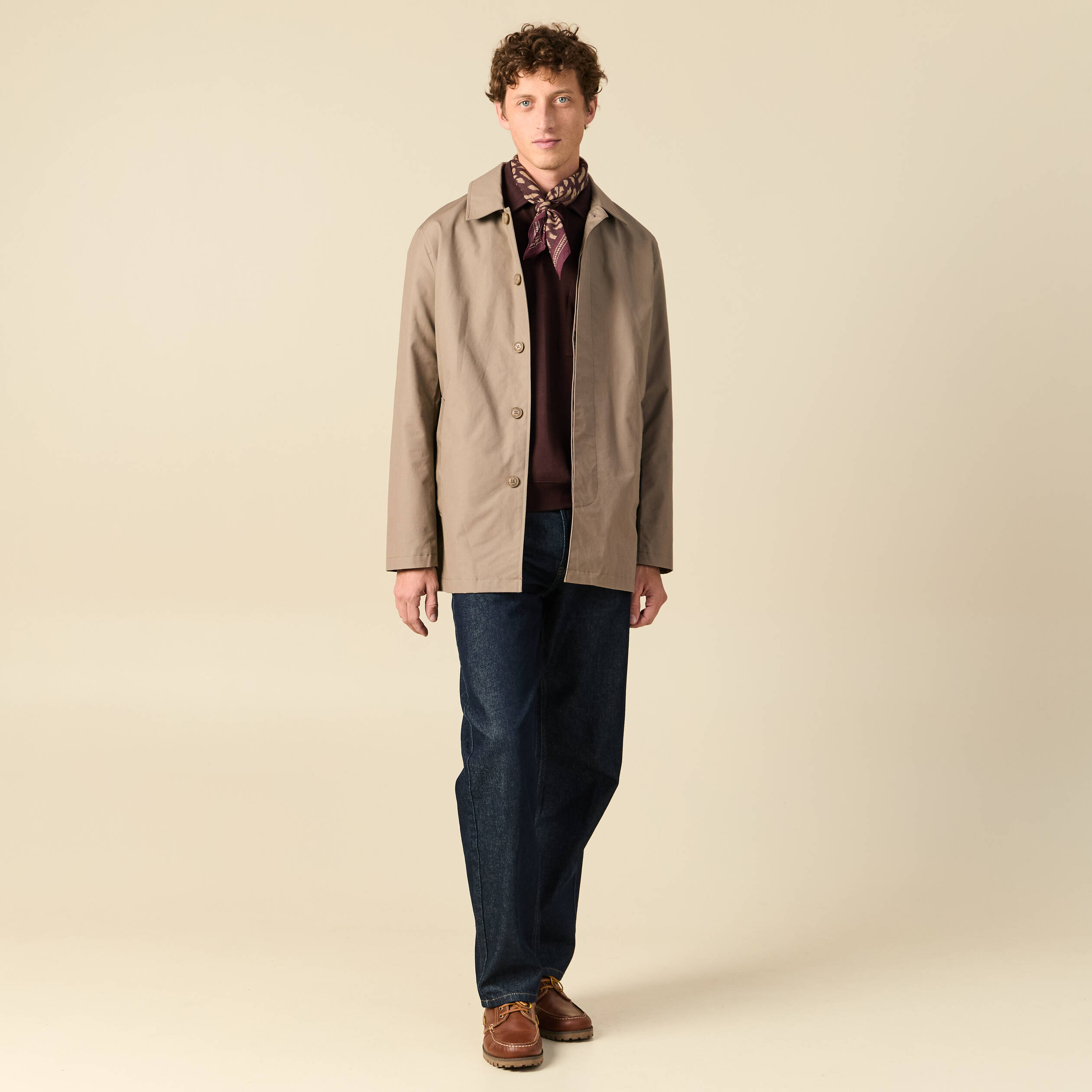 Polo ample manches longues col polo marron fonc&eacute; homme